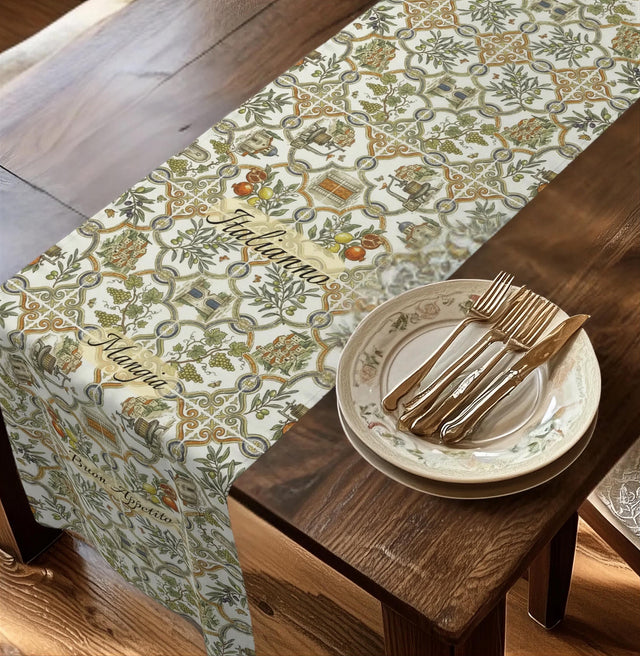 Italian Table Runner, Tuscan Heritage Villa Tile Pattern Dining Decor