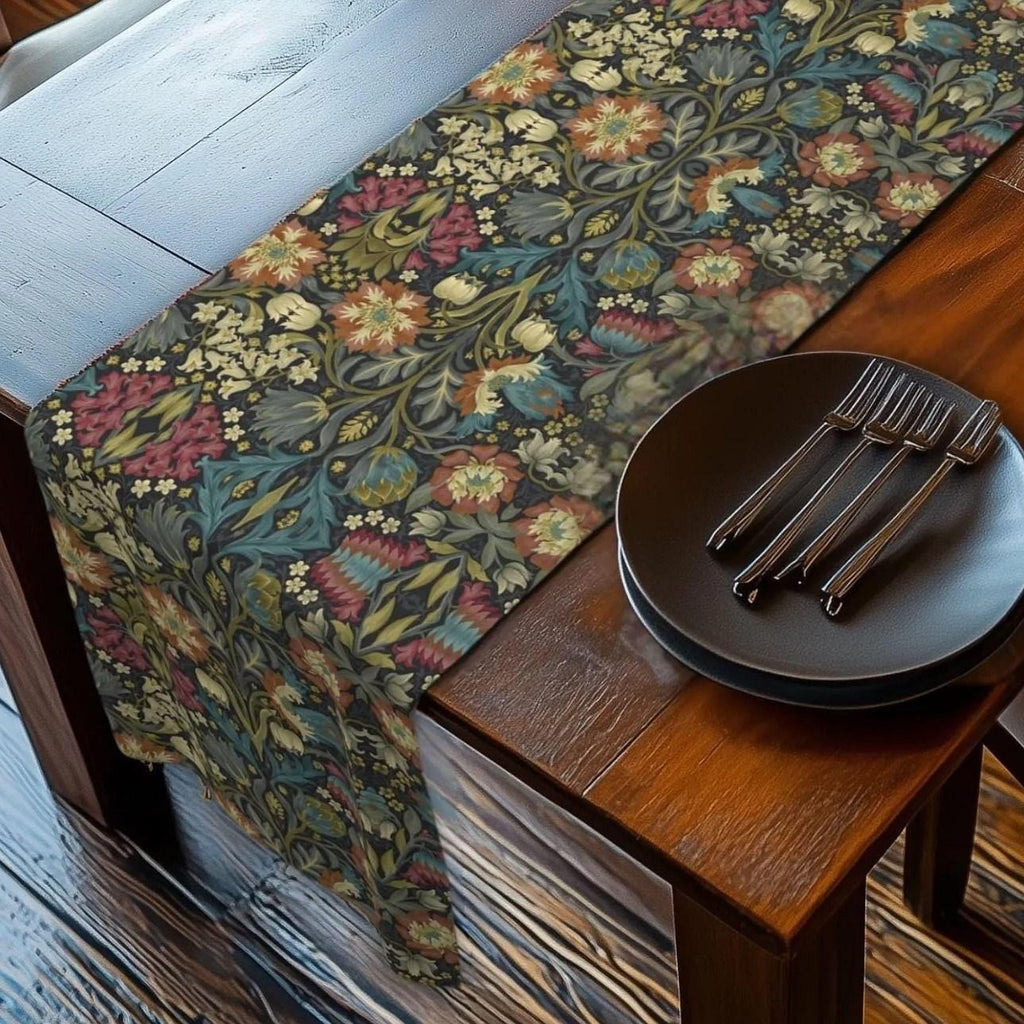 William Morris Inspired Table Runner: Midnight Navy Botanical Design