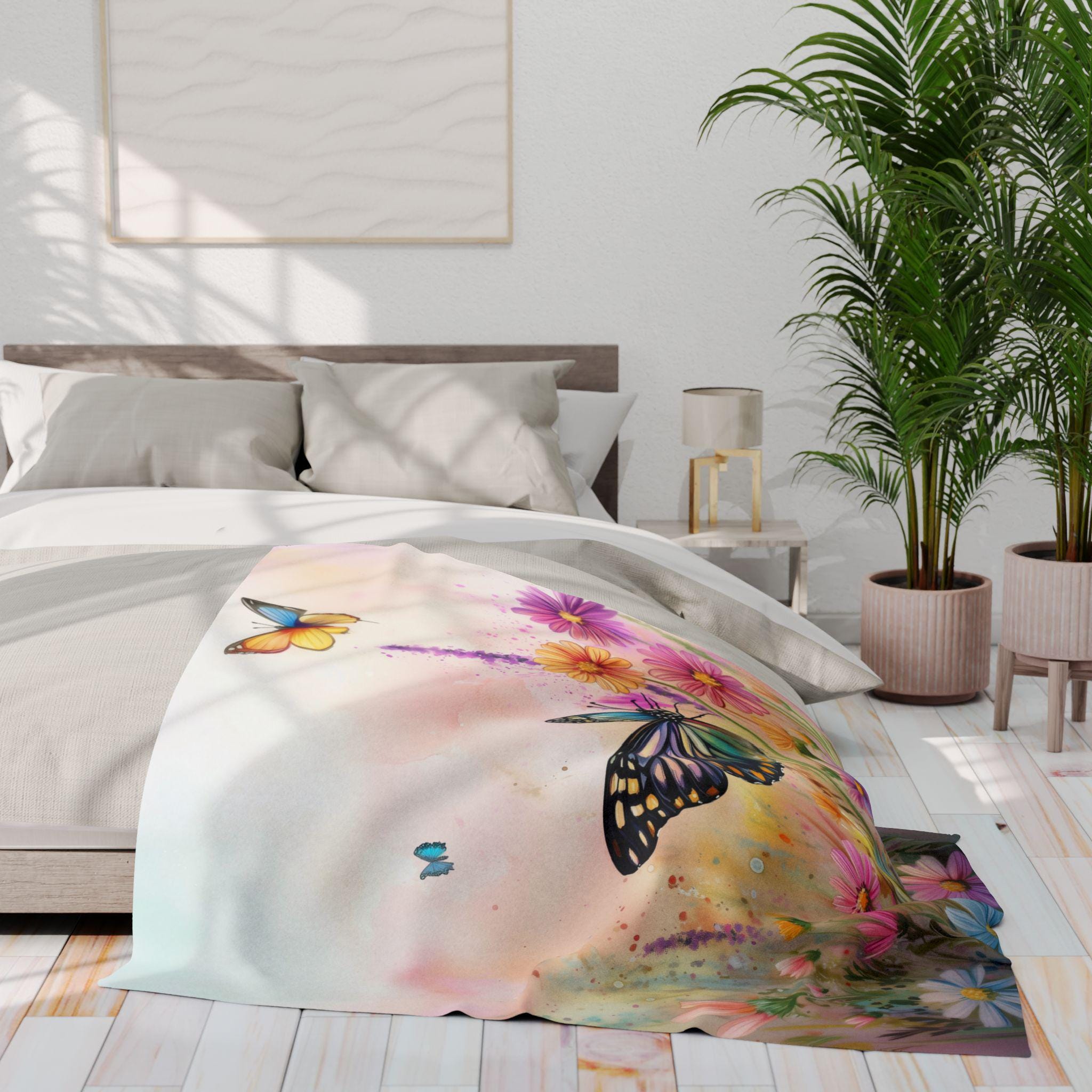 Butterfly Throw Blanket Pastel Wildflowers Spring Nature Art Cozy Couch or Bed Accent