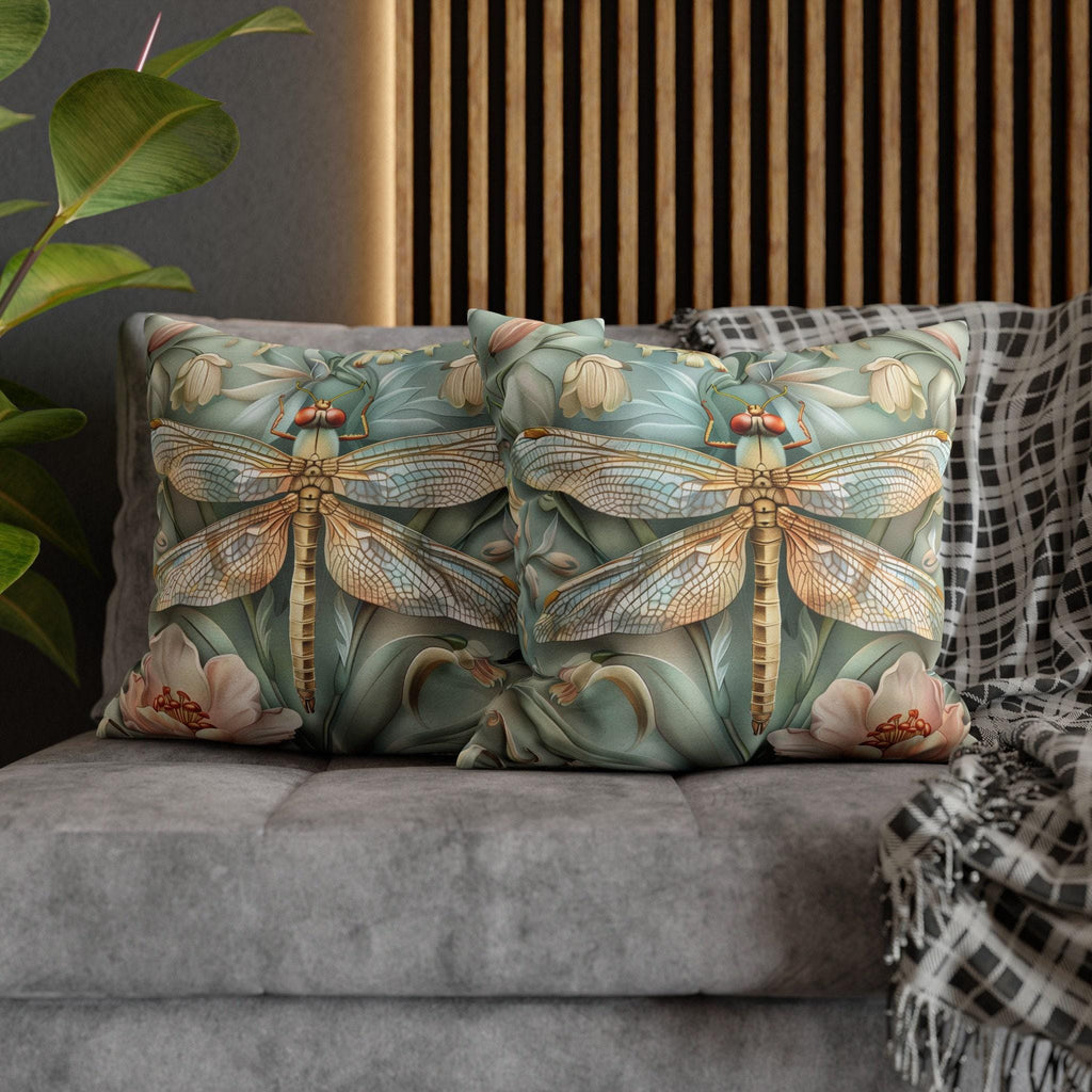 William Morris Inspired Dragonfly Pillow Cover: Elegant Blue, Gold & Pink Nature Design Gift