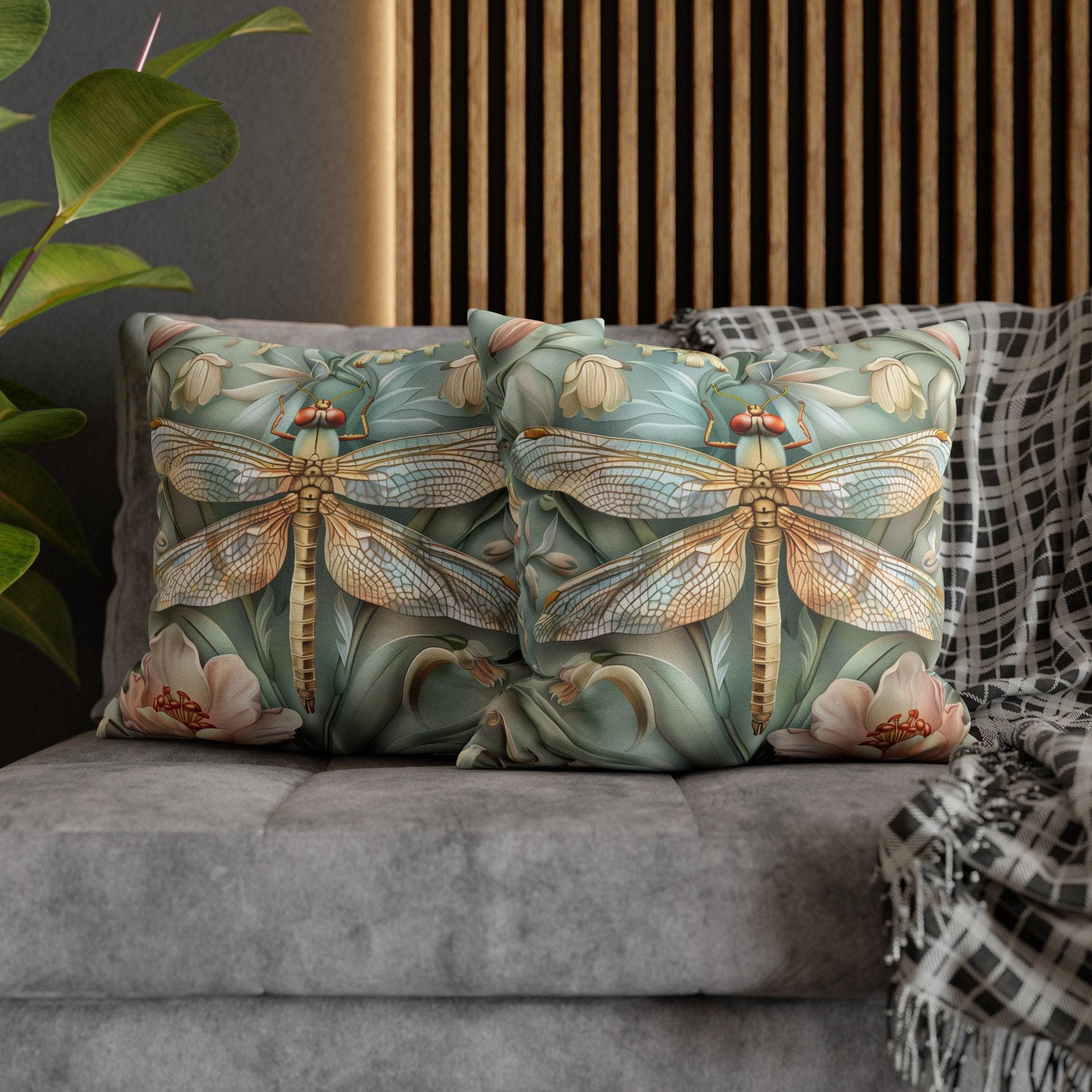William Morris Inspired Dragonfly Pillow Cover: Elegant Blue, Gold & Pink Nature Design Gift