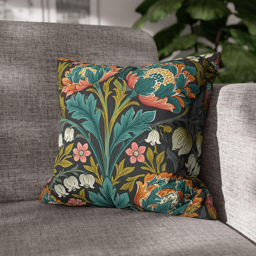 William Morris Style Throw Pillow Cover: Moody Teal Coral Botanical