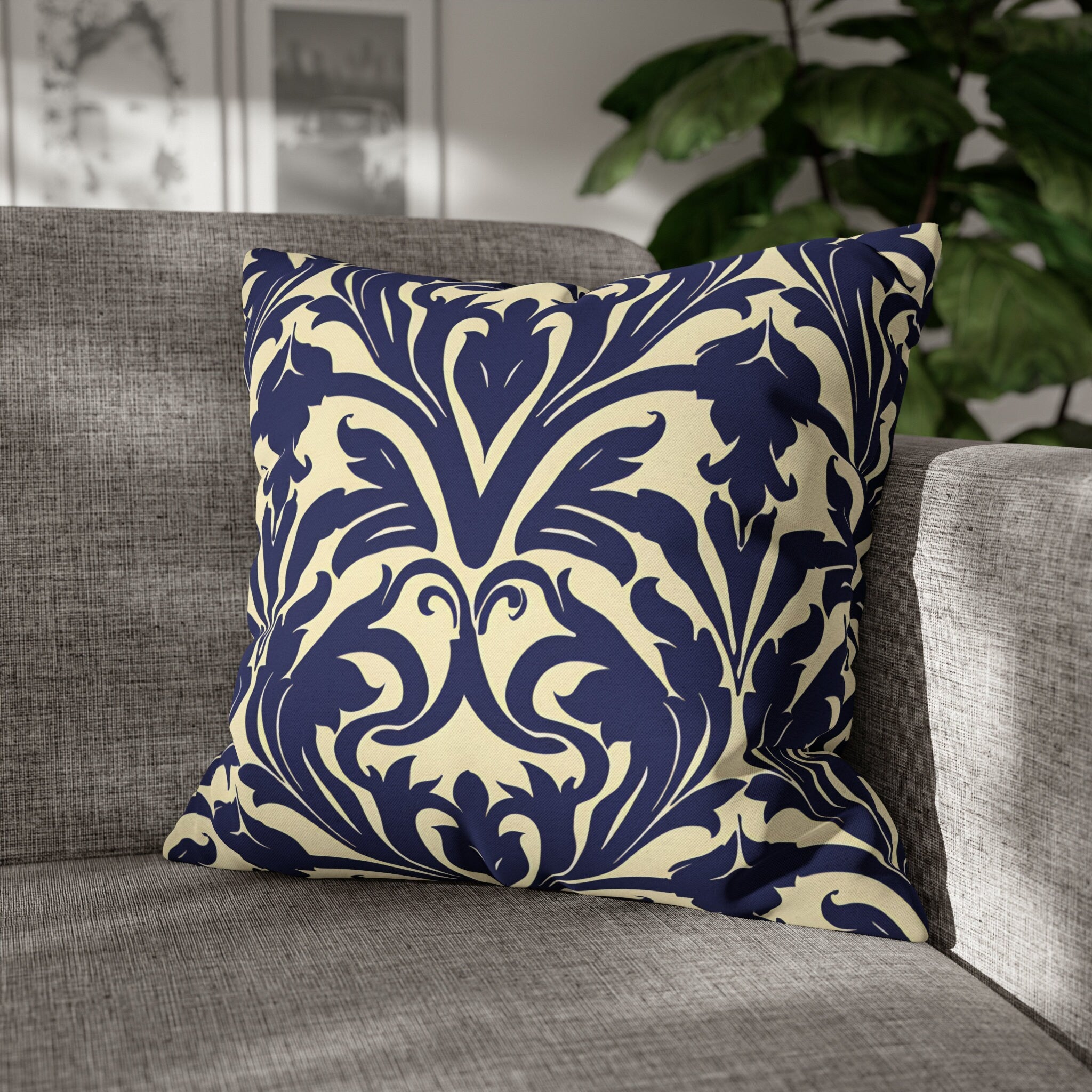 Art Nouveau Floral Pillow Cover, Deep Blue on Off-White