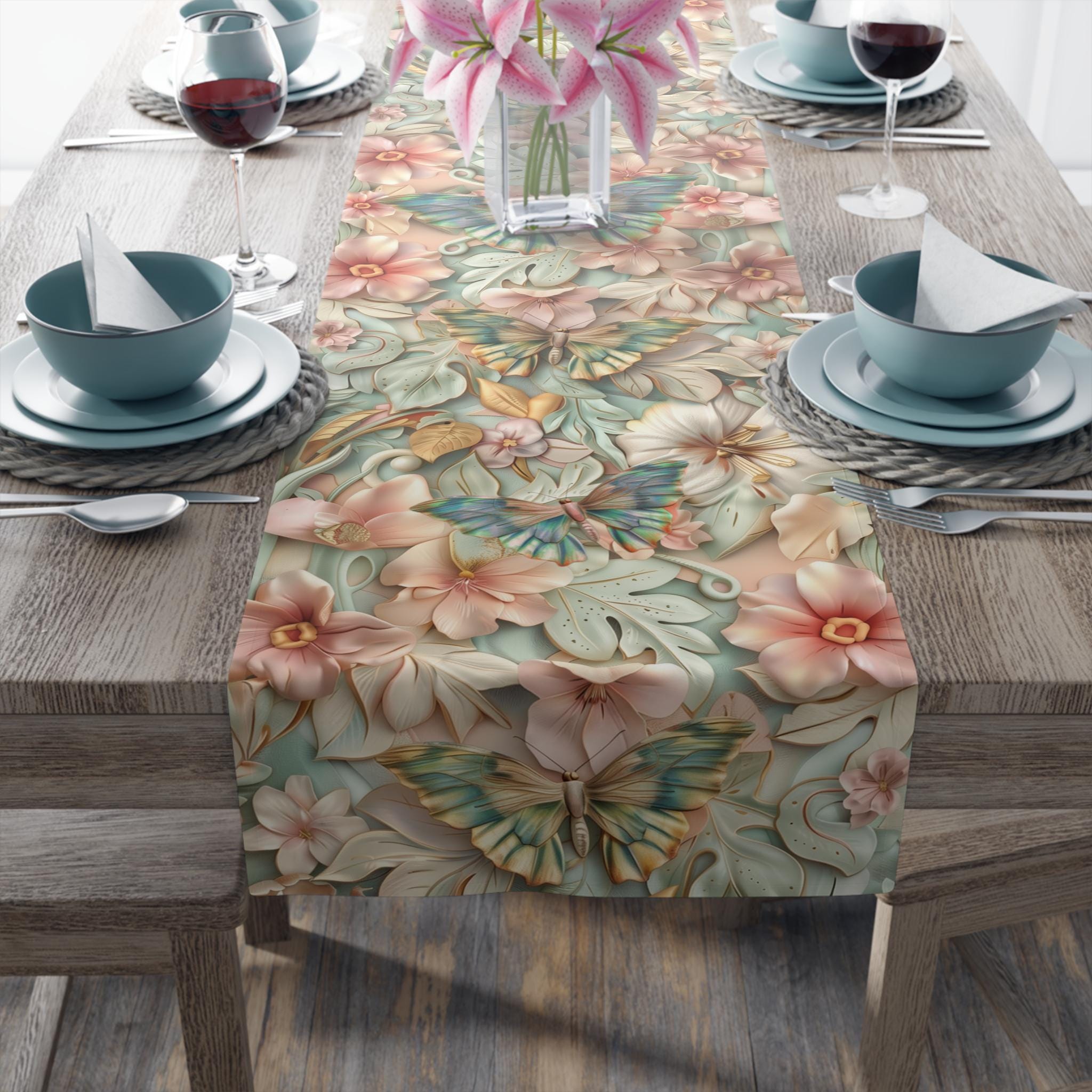 William Morris inspired Table Runner: Pastel Butterfly Garden