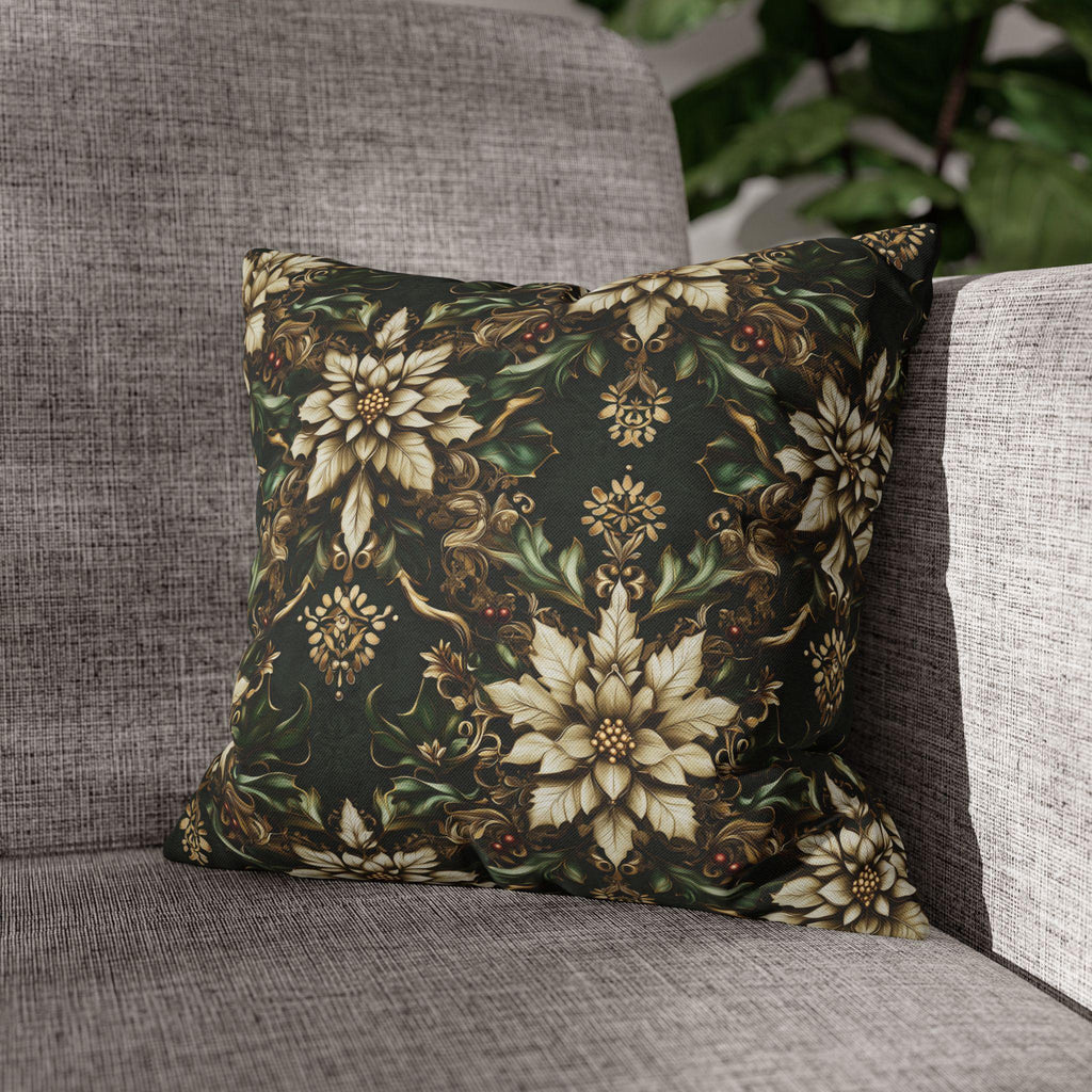 Holiday Poinsettia Pillow cover - Festive Christmas Decor Red Green Gold & Creamy Beige