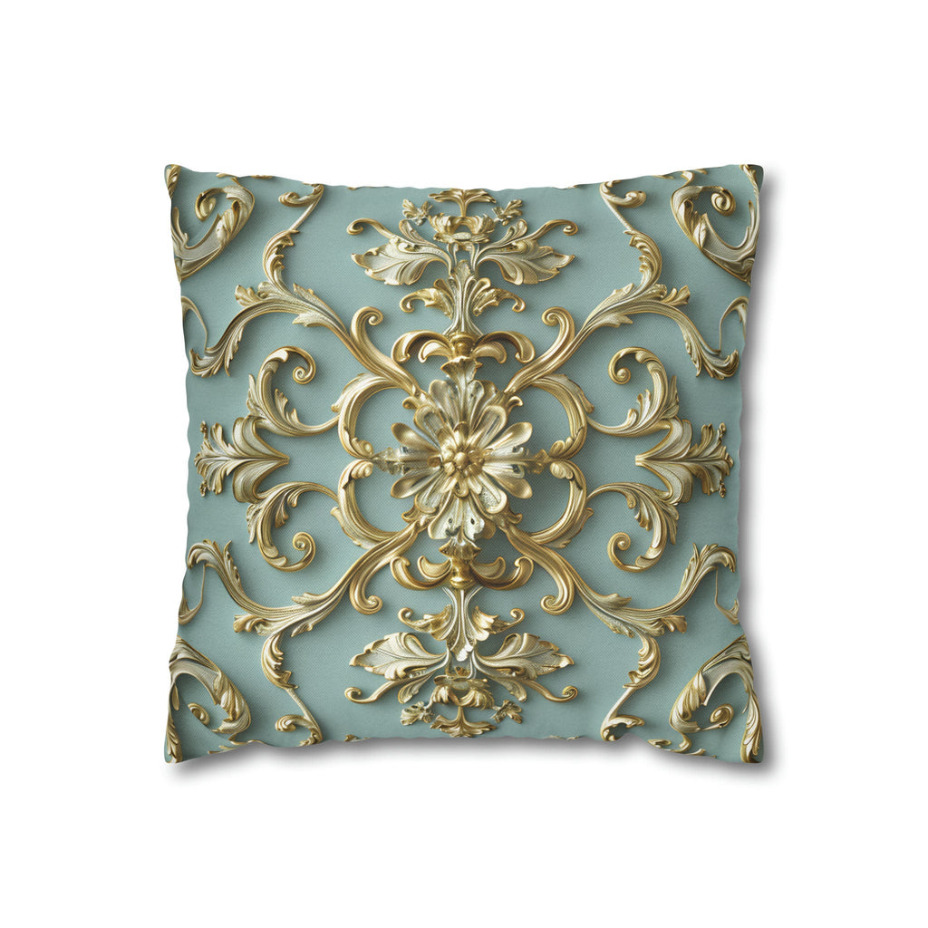 Luxurious Italian Rococo Pillow Cover: Gold Scrollwork on Soft Blue, Classical Ornate Design