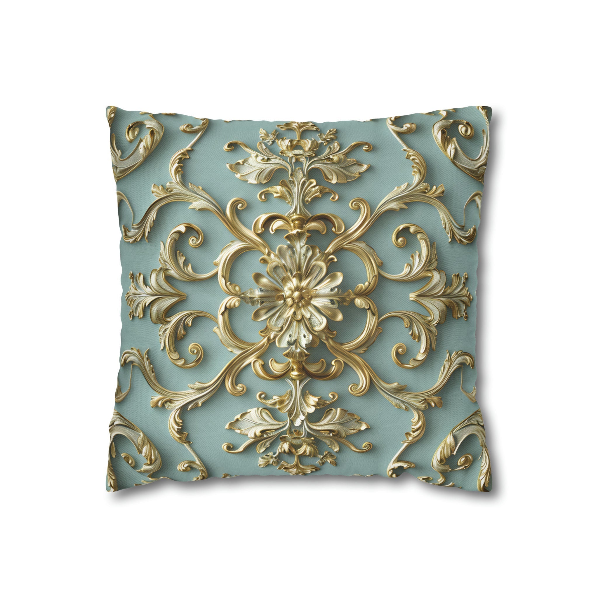 Luxurious Italian Rococo Pillow Cover: Gold Scrollwork on Soft Blue, Classical Ornate Design