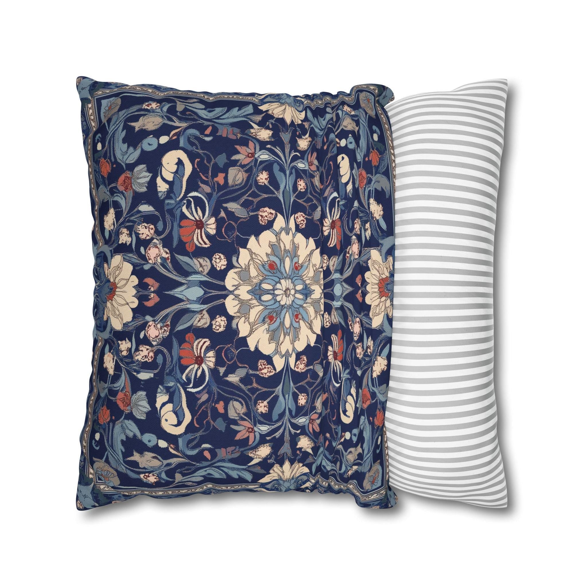 Elegant Navy Blue Floral Medallion Pillowcase: William Morris Inspired Persian Tribal Motifs Decorative Cover