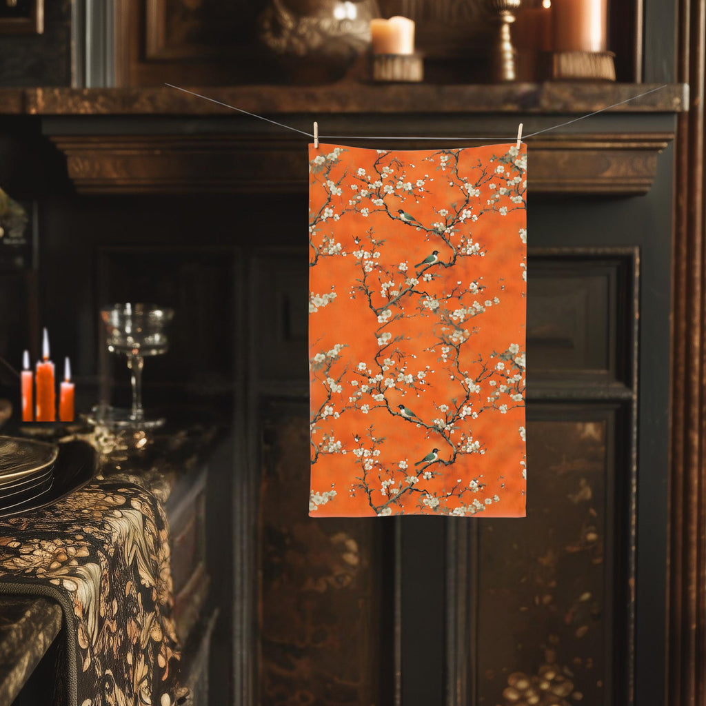 Chinoiserie Hand Towel: Burnt Orange with Blossoms and Birds for Asian-Inspired Decor