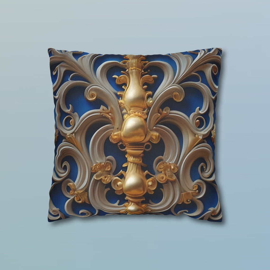 Opulent Baroque-Inspired Blue & Gold Throw Pillow Cover: Luxurious Ornate Symmetrical Design Cushion