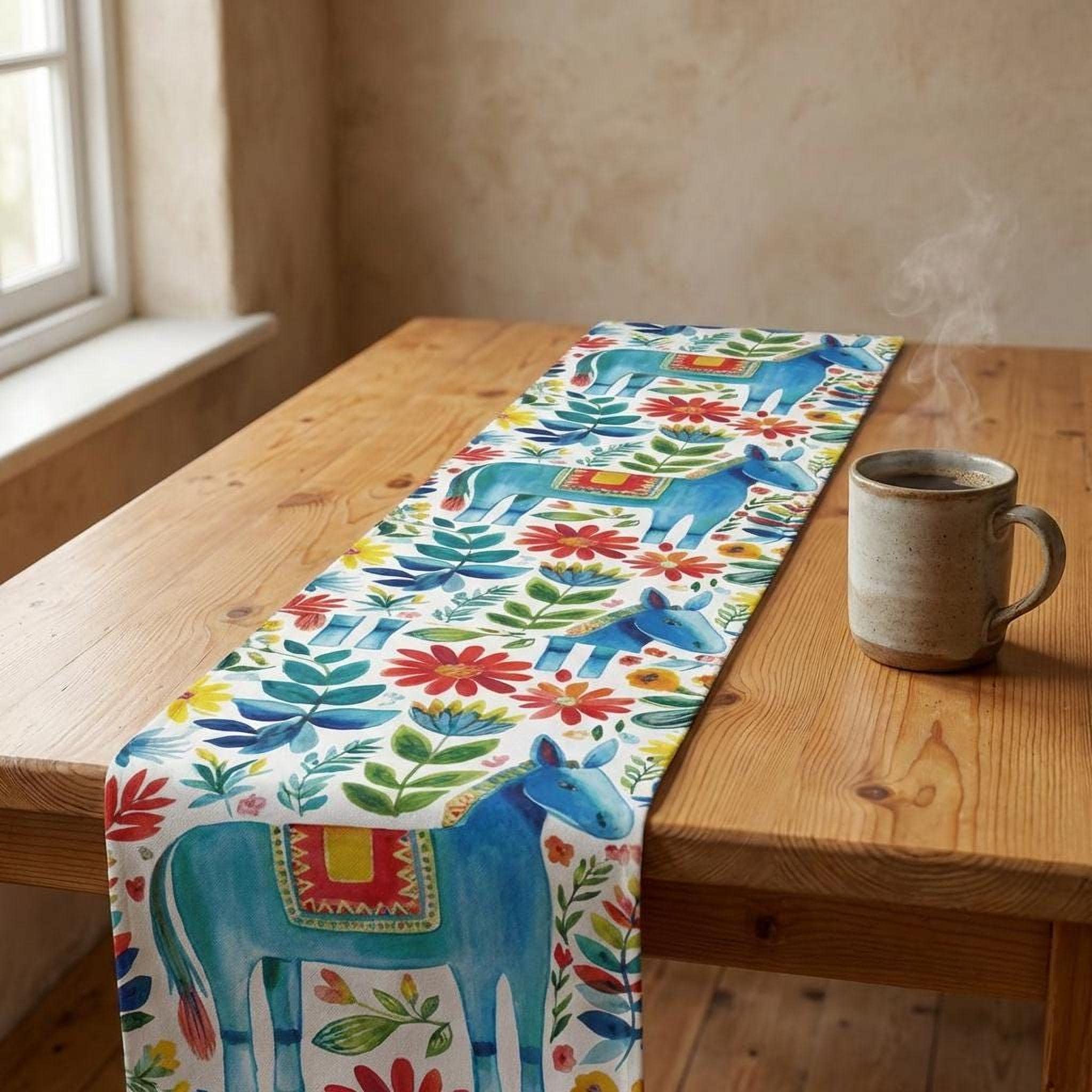 Otomi Table Runner: Blue Donkey Mexican Style Folk Art Floral Decor