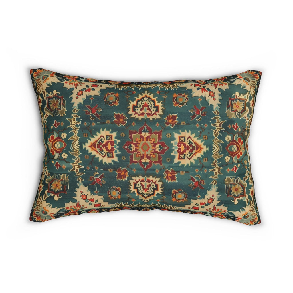 Turkish Rug-Inspired Lumbar Throw Pillow Traditional  Rich Medallion Pattern Deep Teal and Warm Red Square Cushion Cover
