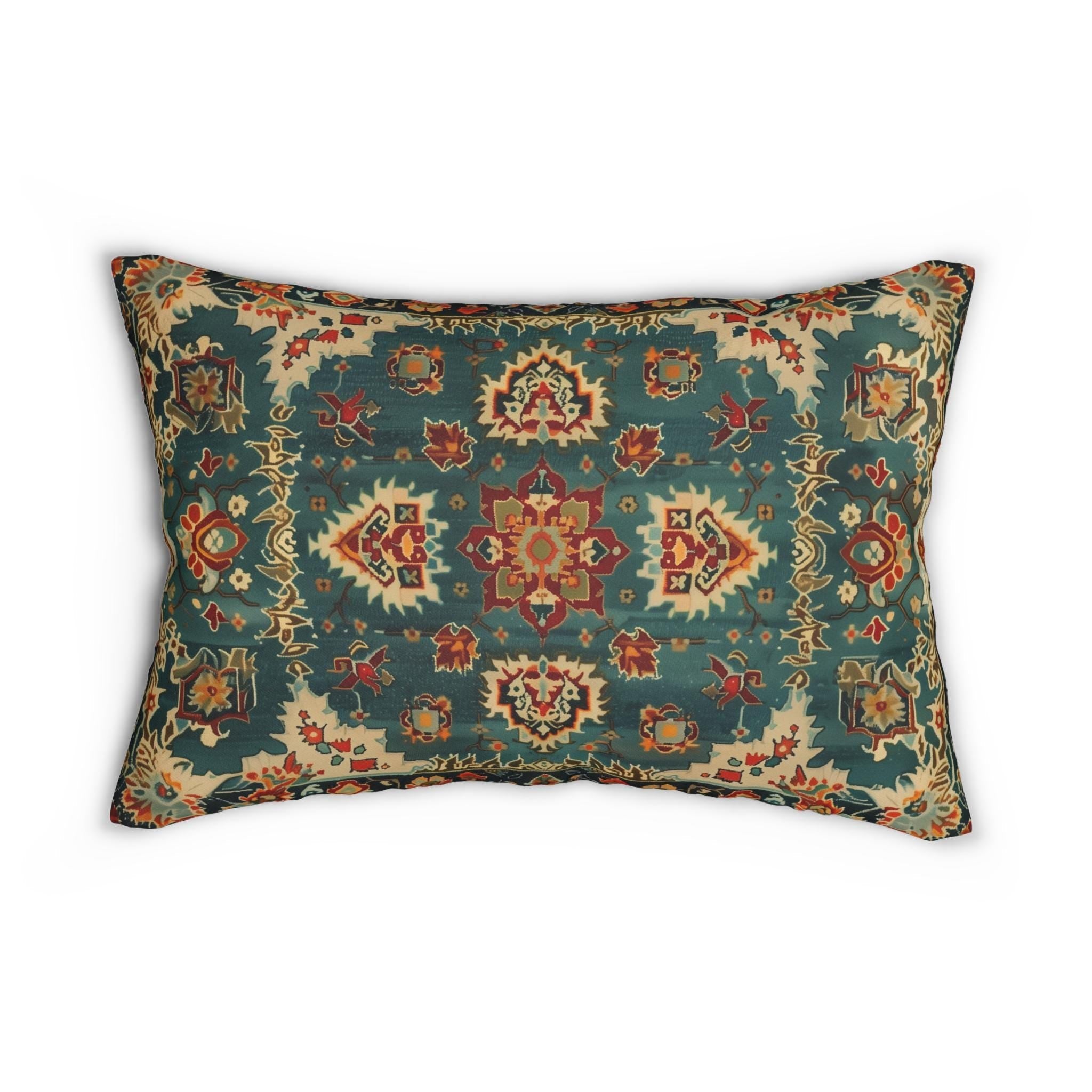 Turkish Rug-Inspired Lumbar Throw Pillow Traditional  Rich Medallion Pattern Deep Teal and Warm Red Square Cushion Cover