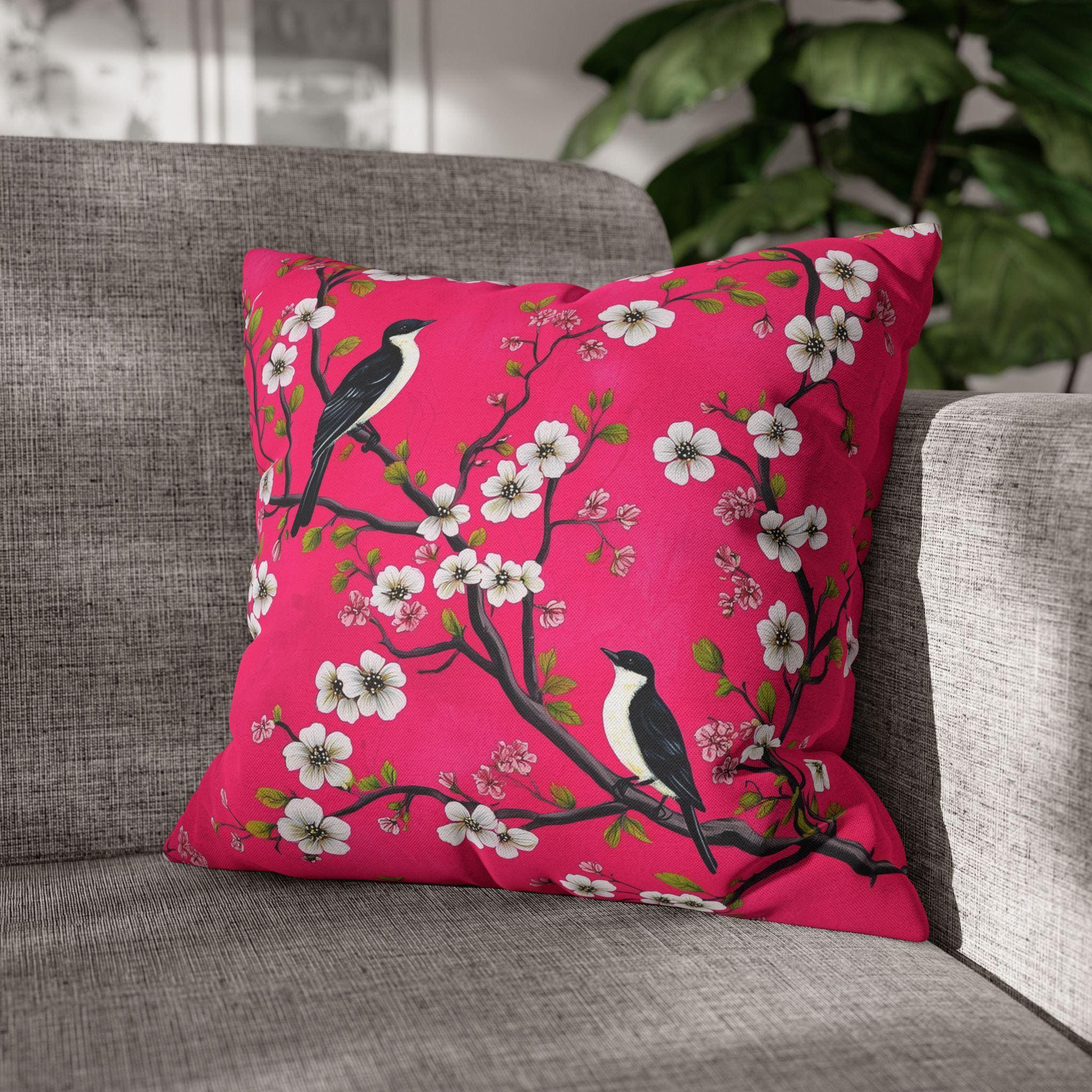 Chinoiserie Magenta Bird Pillow Cover: Vibrant Botanical Accent for Eclectic Decor