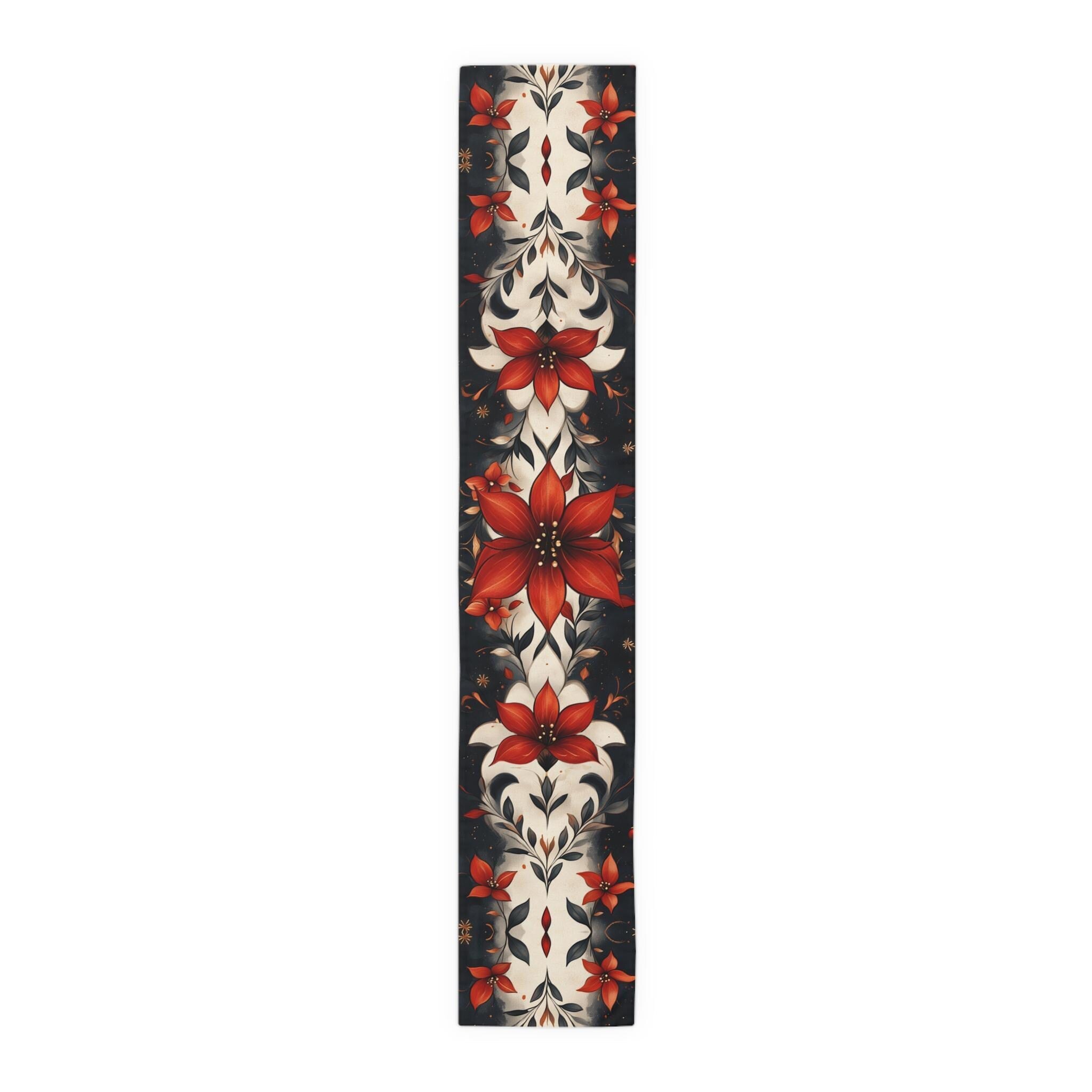 Fleur de Lis Poinsettia Table Runner: Festive Red & Navy Winter Decor