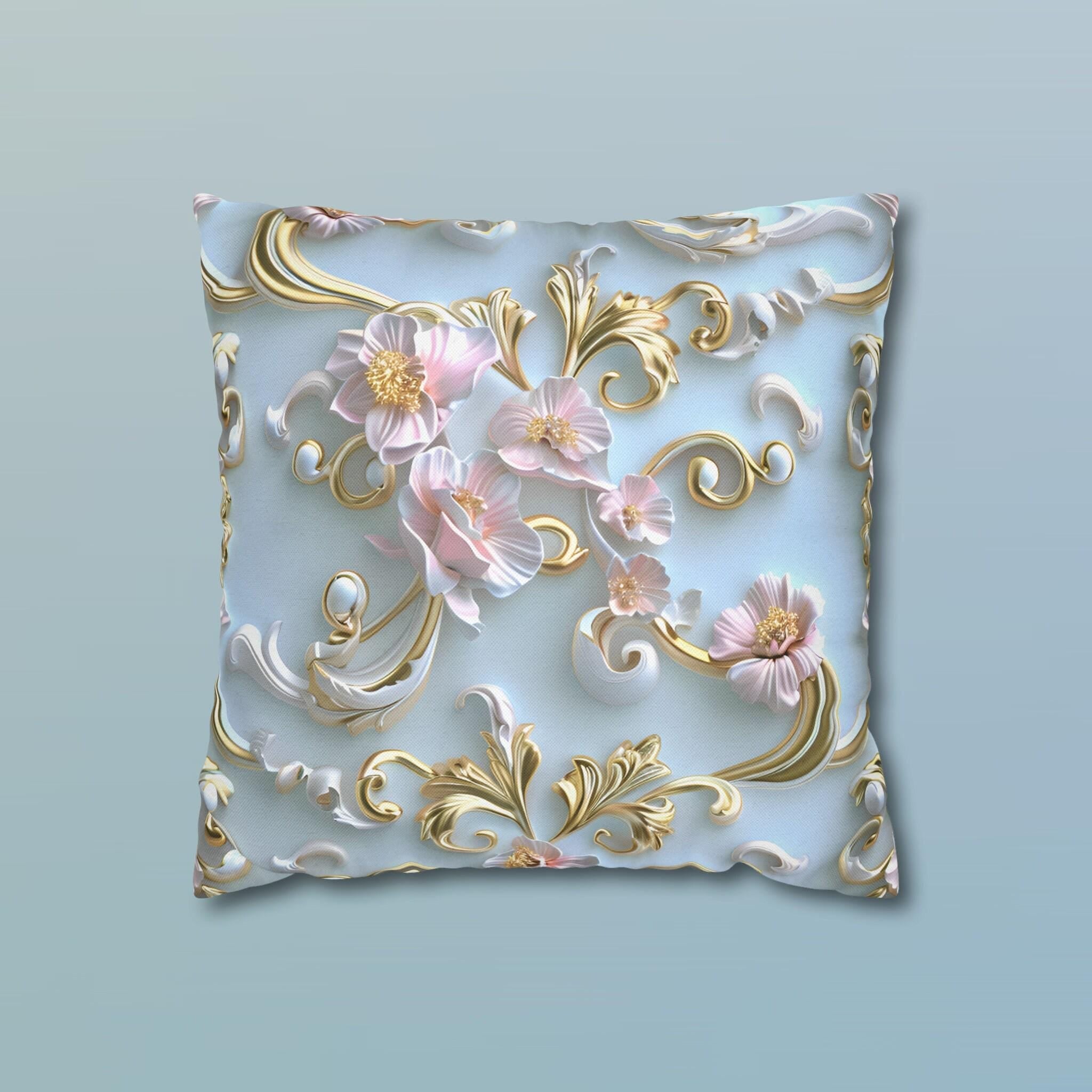 Rococo Coquette Pillow Cover: Pink Flowers, Gold Accents