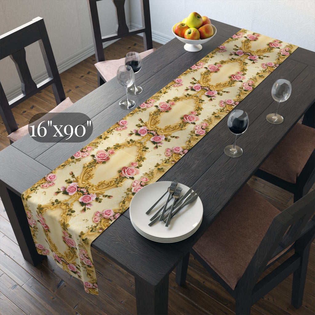 Wedding Table Runner with Pink Roses and Gold Scrollwork: Romantic Victorian Floral