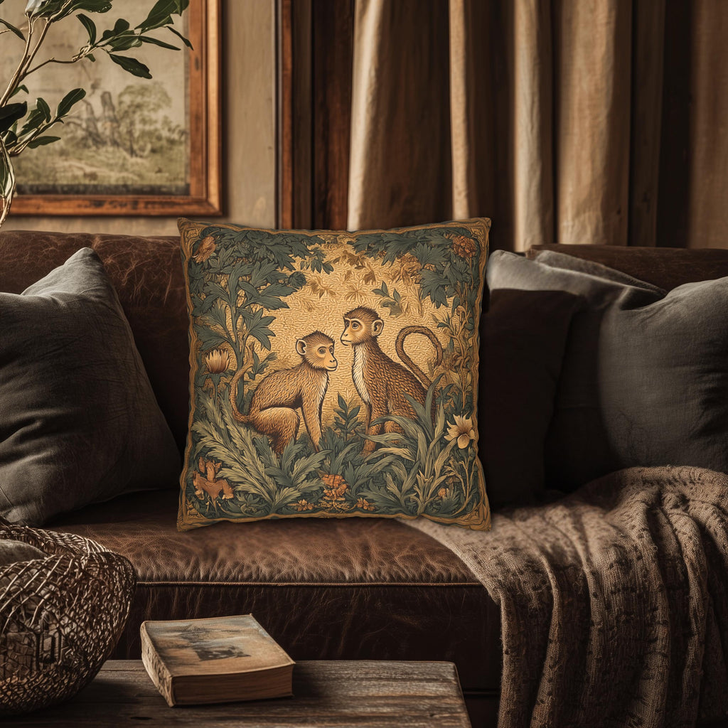 William Morris Style Throw Pillow Cover:  Monkey Jungle Botanical Design
