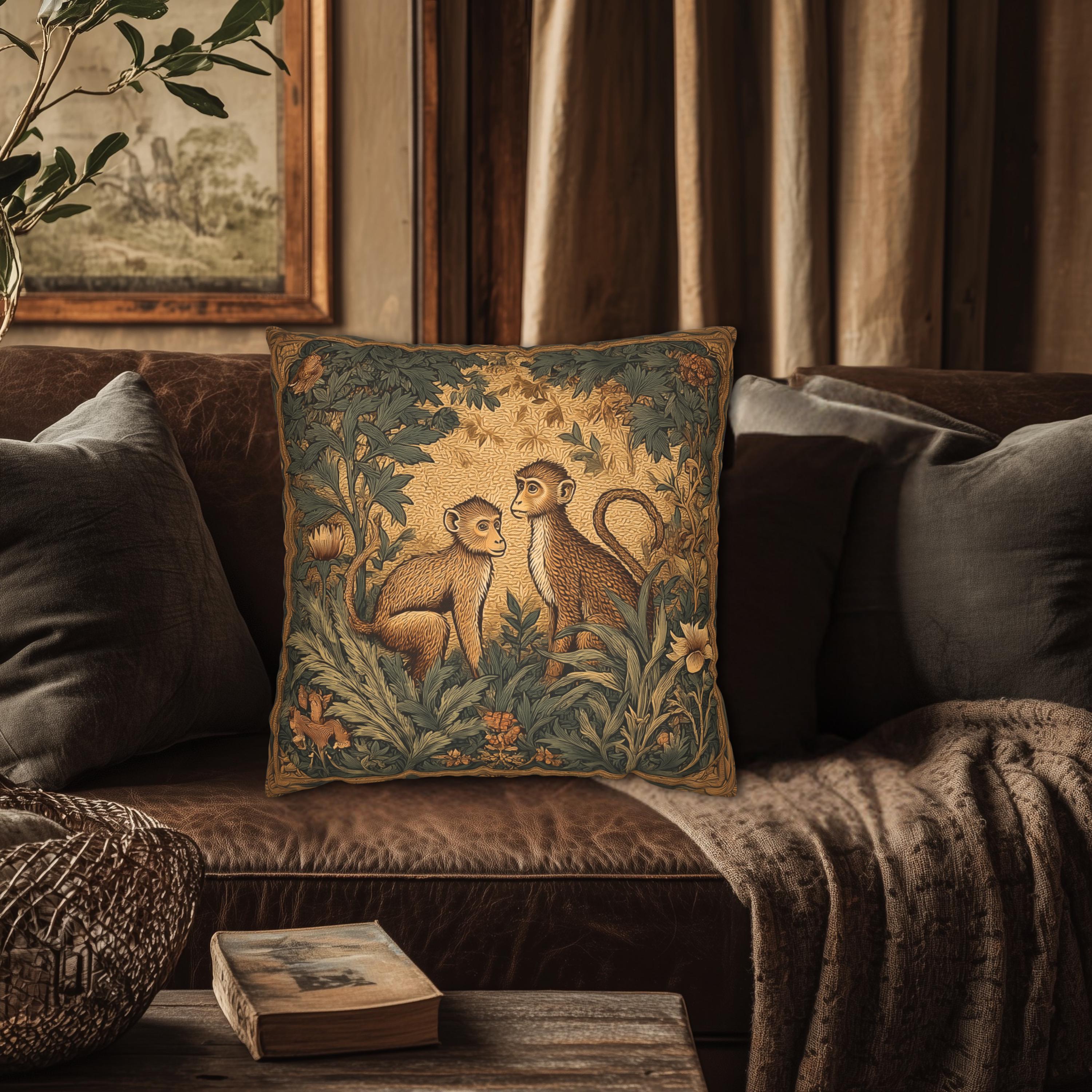 William Morris Style Throw Pillow Cover:  Monkey Jungle Botanical Design