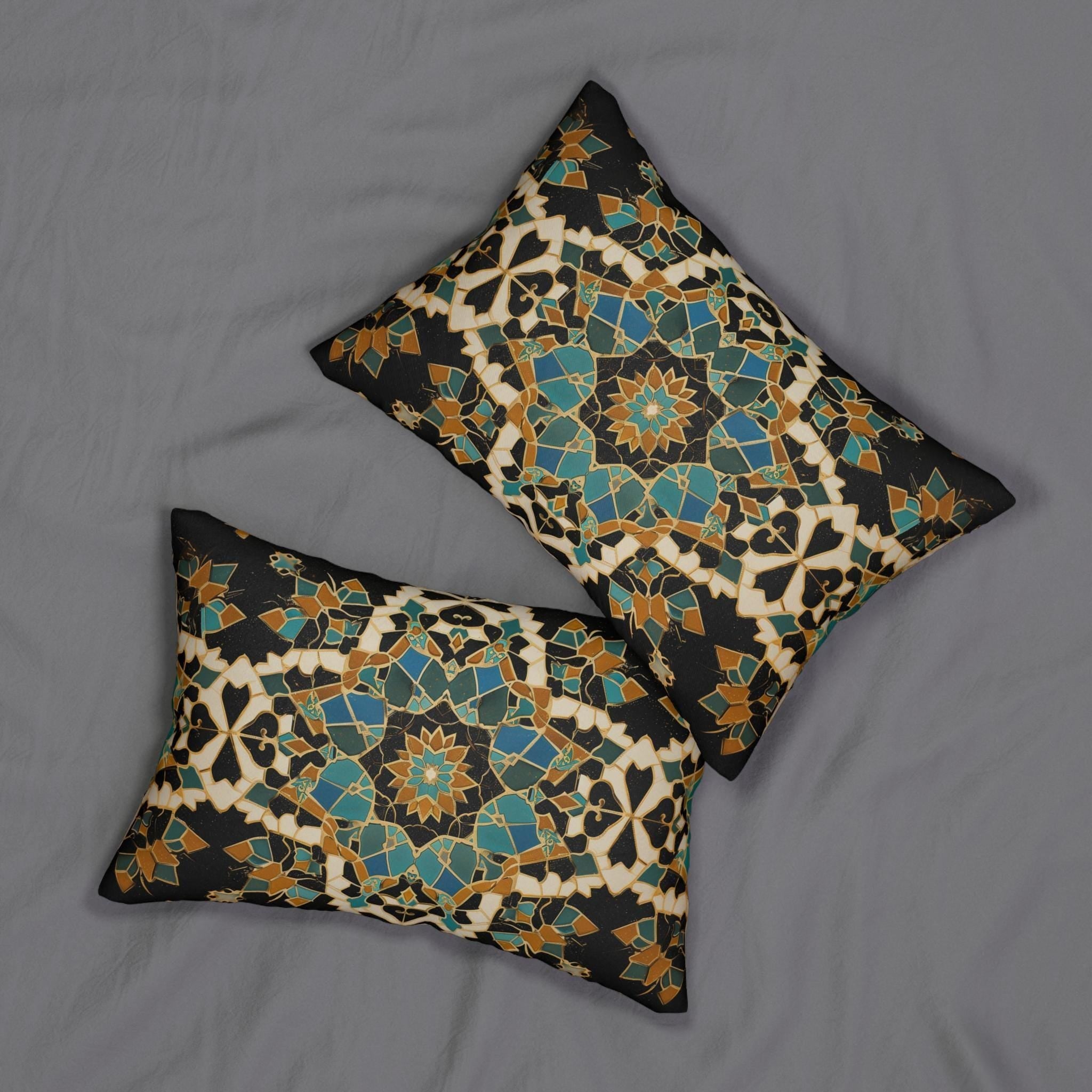 Moroccan Tilework Lumbar Pillow: Geometric Teal Cushion (20x14)
