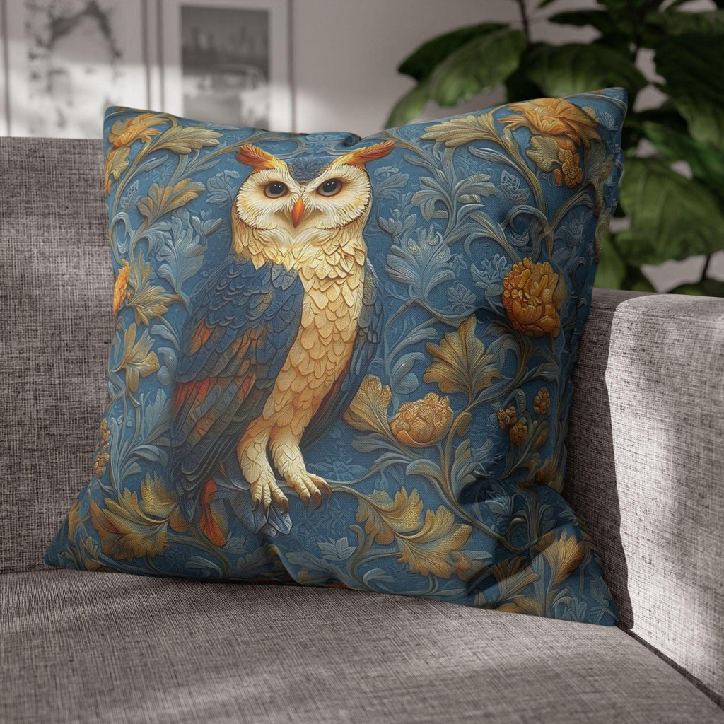 William Morris Style Throw Pillow Cover: Blue and Gold Owl Design