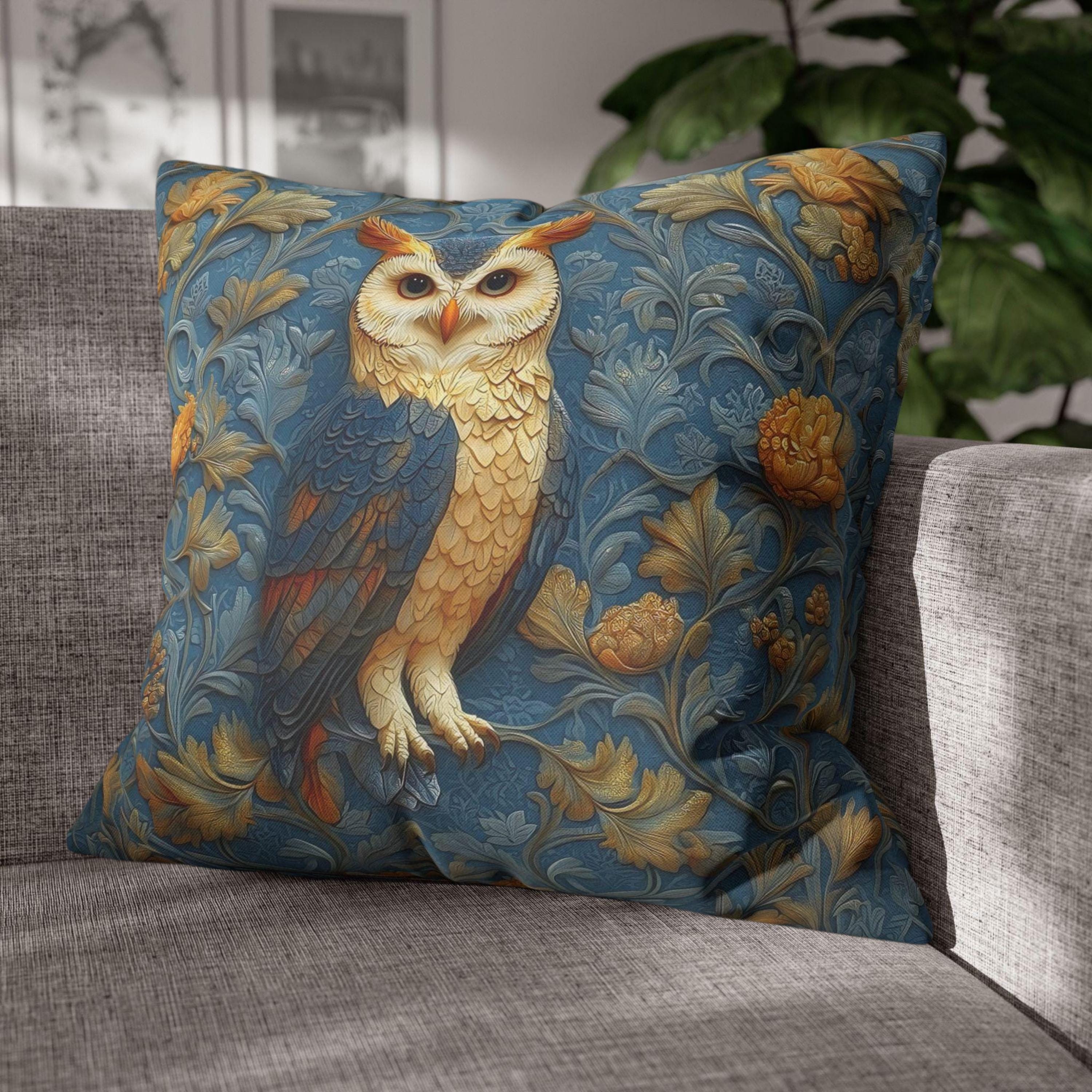 William Morris Style Throw Pillow Cover: Blue and Gold Owl Design