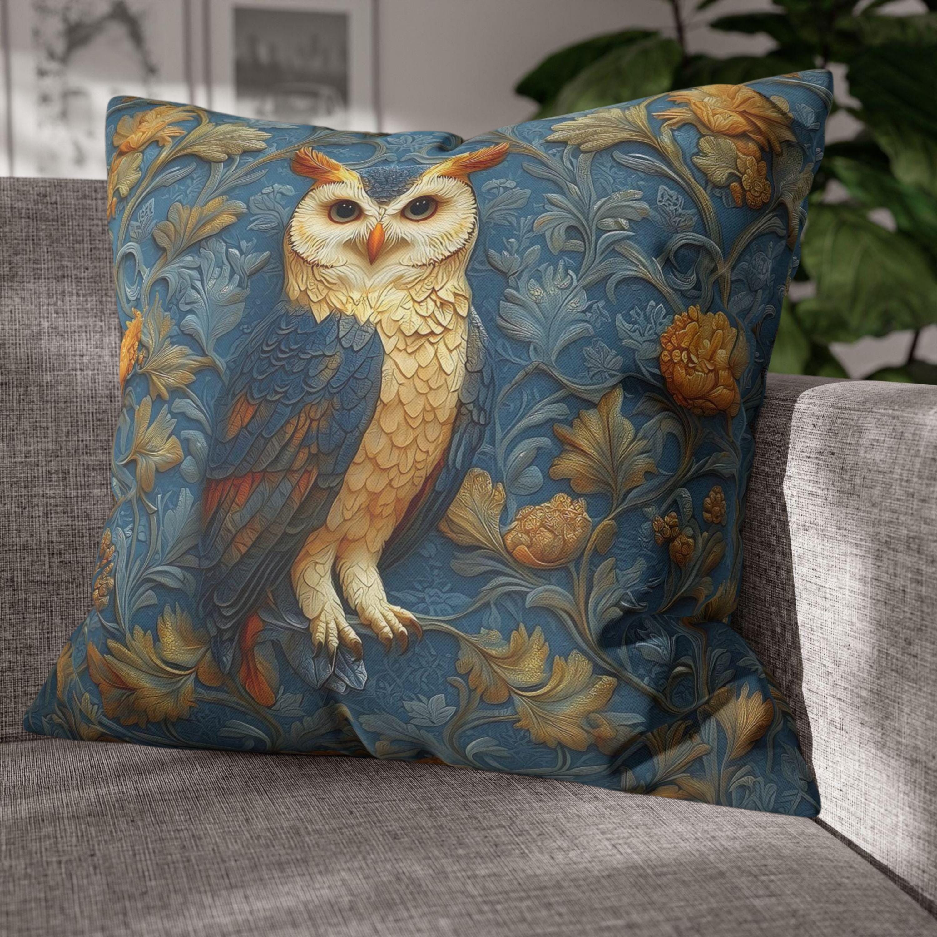 William Morris Style Throw Pillow Cover: Blue and Gold Owl Design