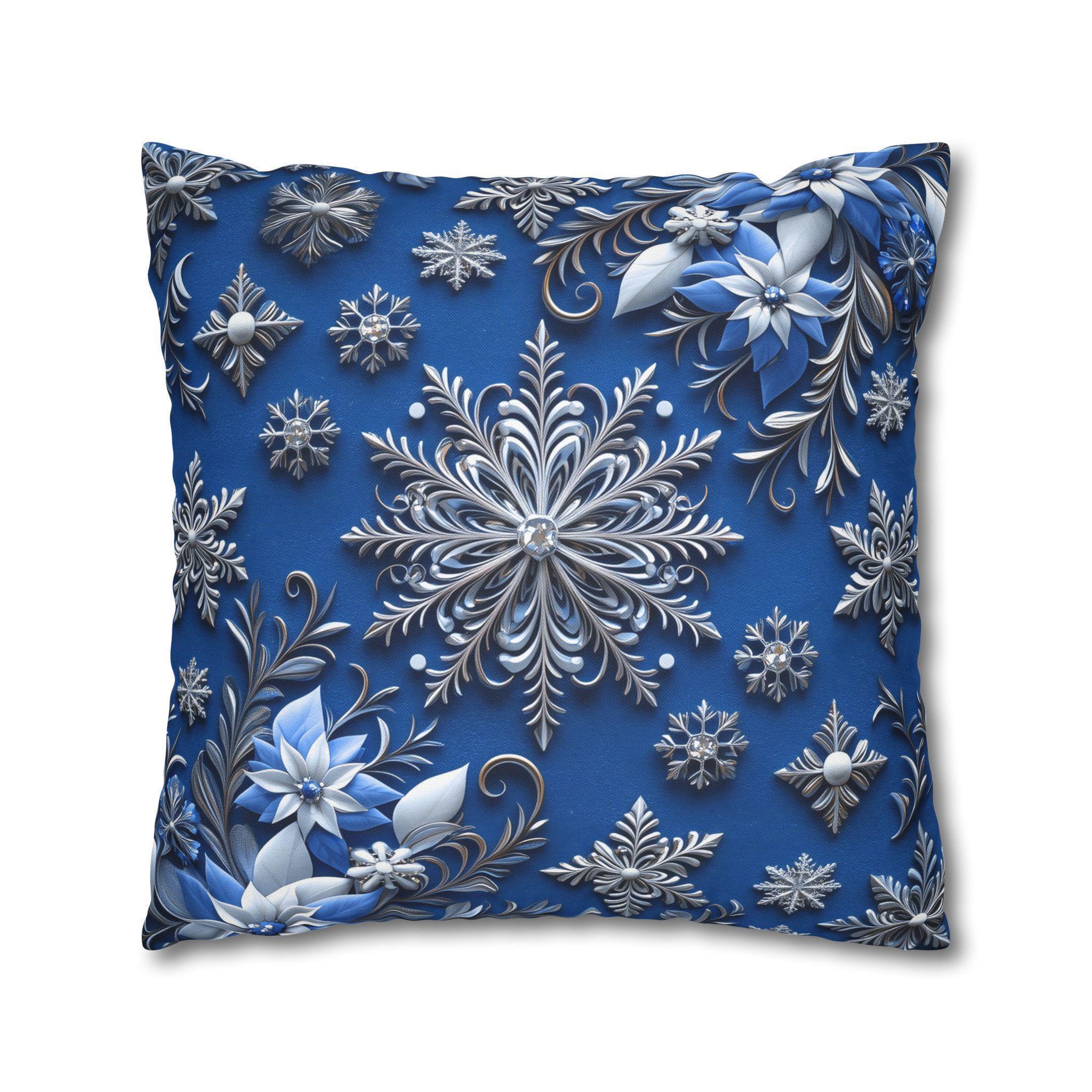 Winter Snowflake Square Pillowcase, Blue Decorative Pillow Cover, Christmas Holiday Home Decor