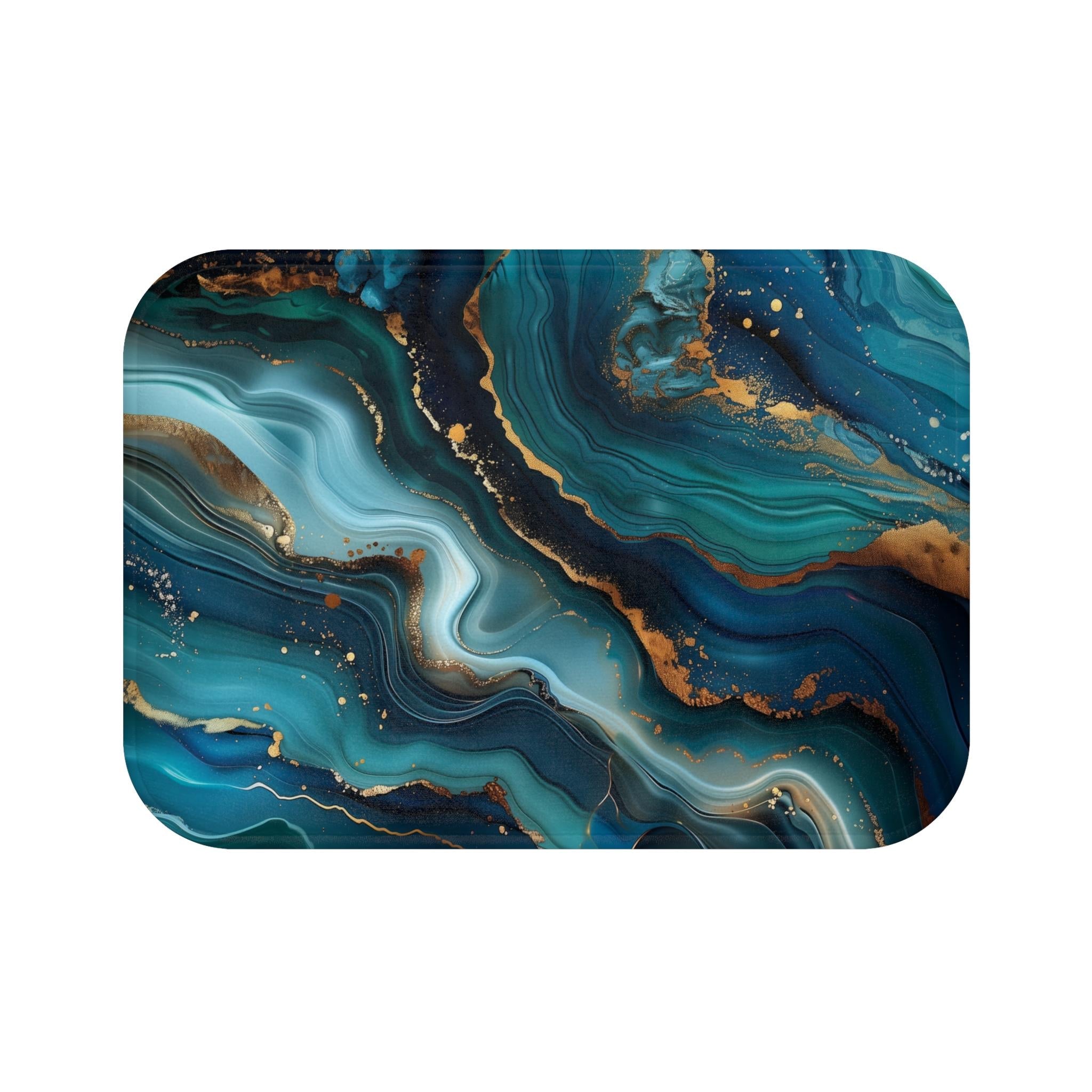 Elegant Teal & Gold Ocean Wave Bath Mat: Abstract Bathroom Decor, Luxury Spa Floor Accent
