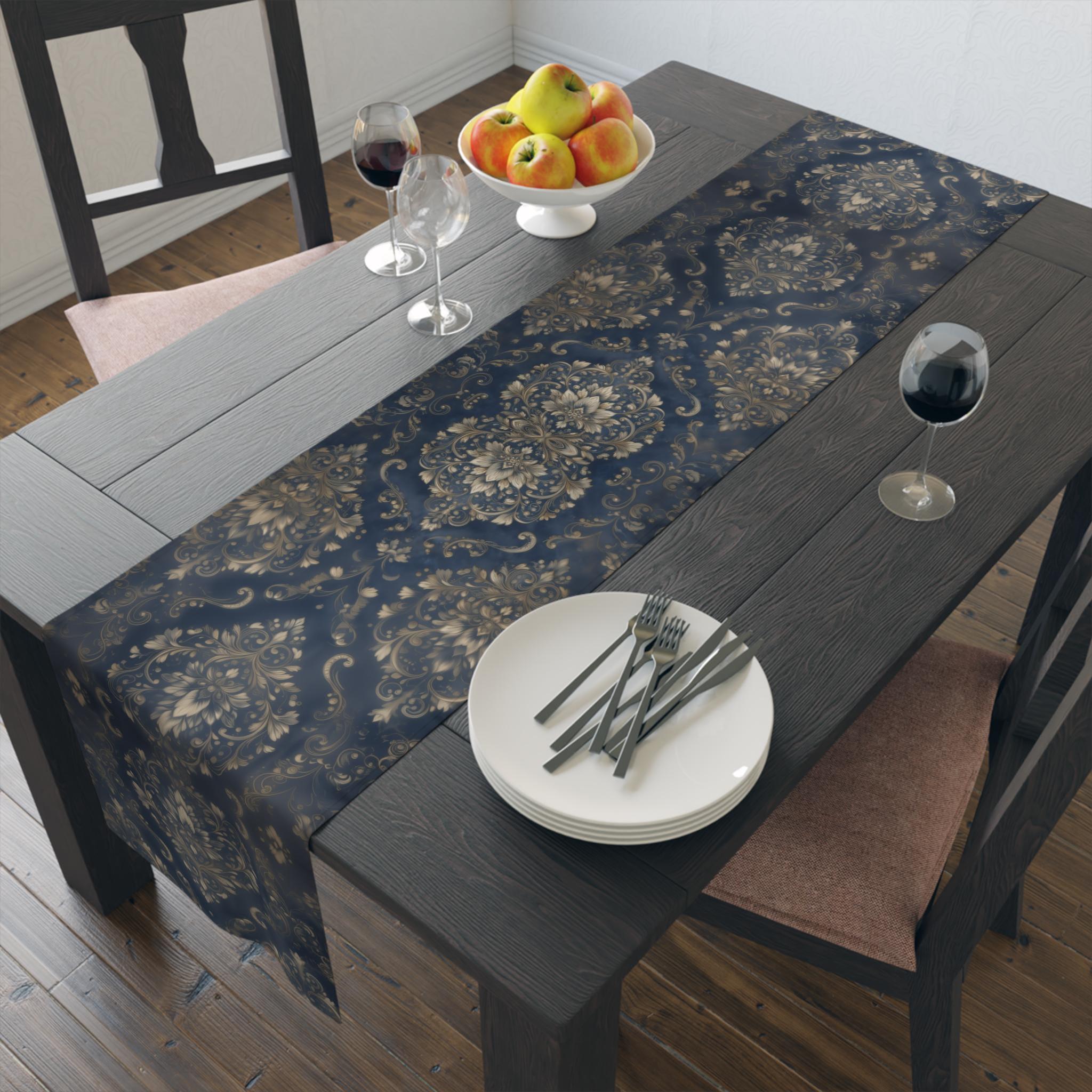 Elegant Baroque Navy & Gold Damask Table Runner: Vintage-Inspired Dining Room Accent