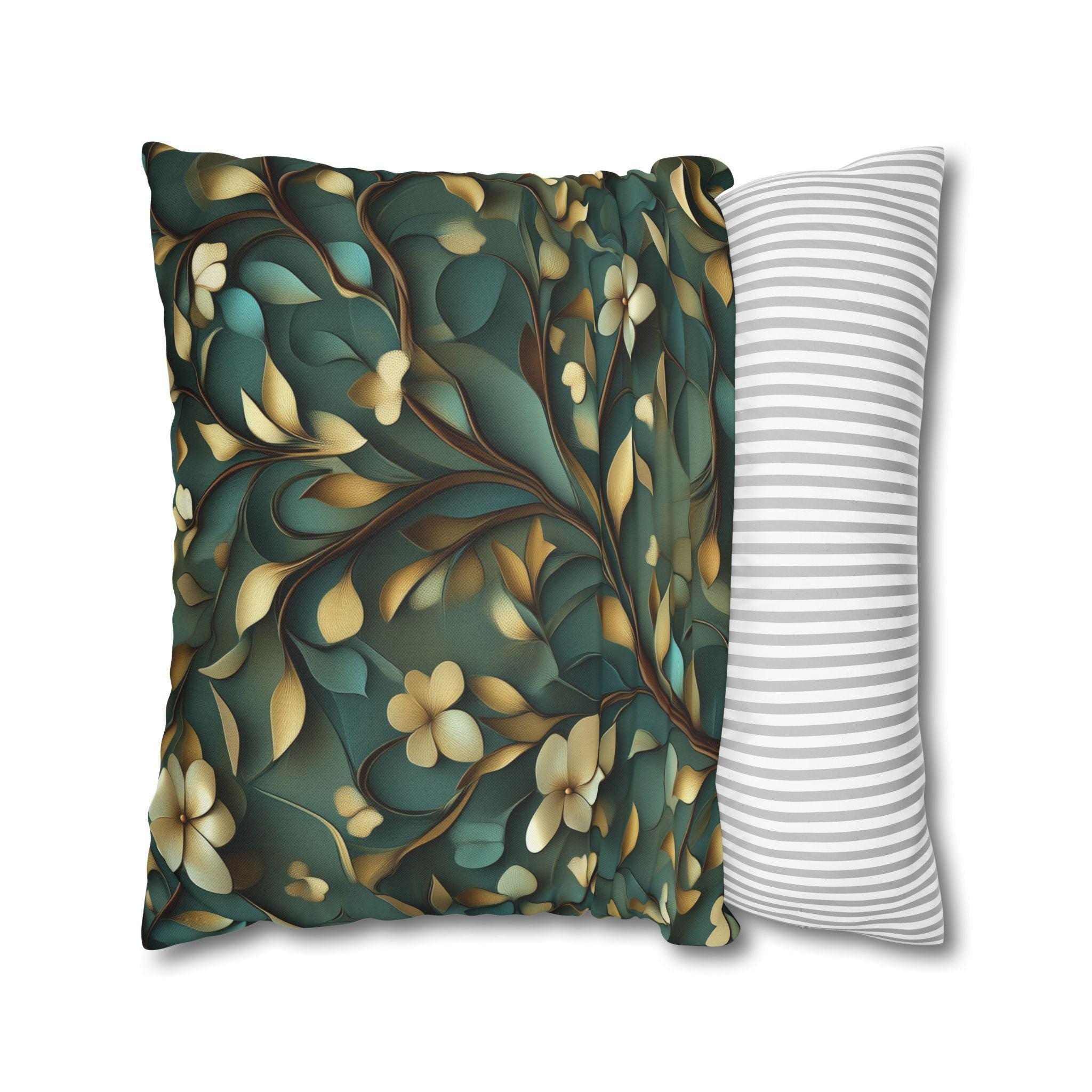 Luxurious William Morris Inspired Floral Pillowcase: Green & Gold Botanical Square Cushion Cover