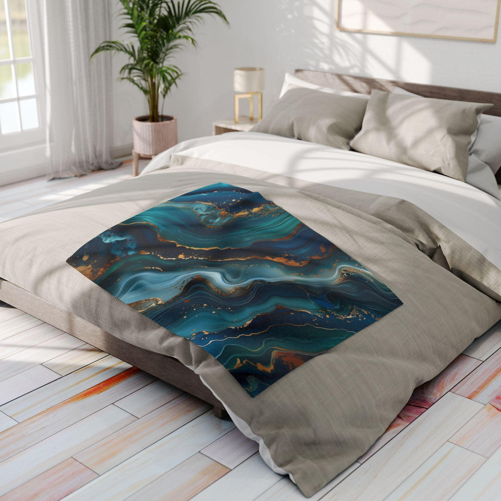Ocean Waves Fleece Throw: Teal Navy & Gold Accent Blanket