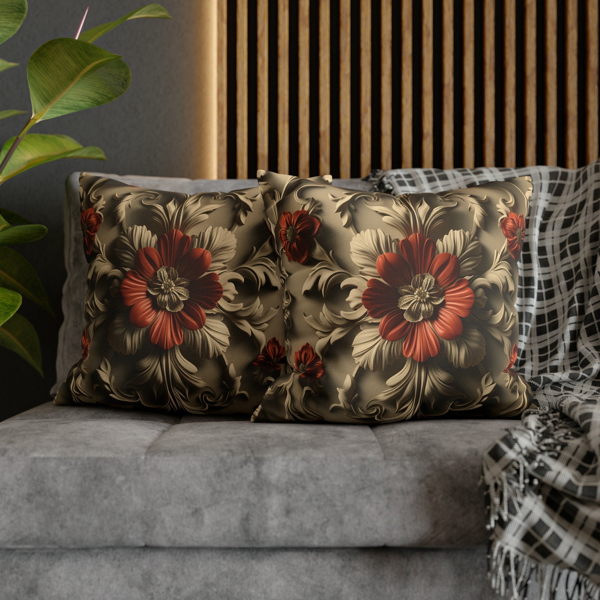 Baroque Style Pillow Cover: Red Flower, Acanthus Leaves, Embossed 3D Effect