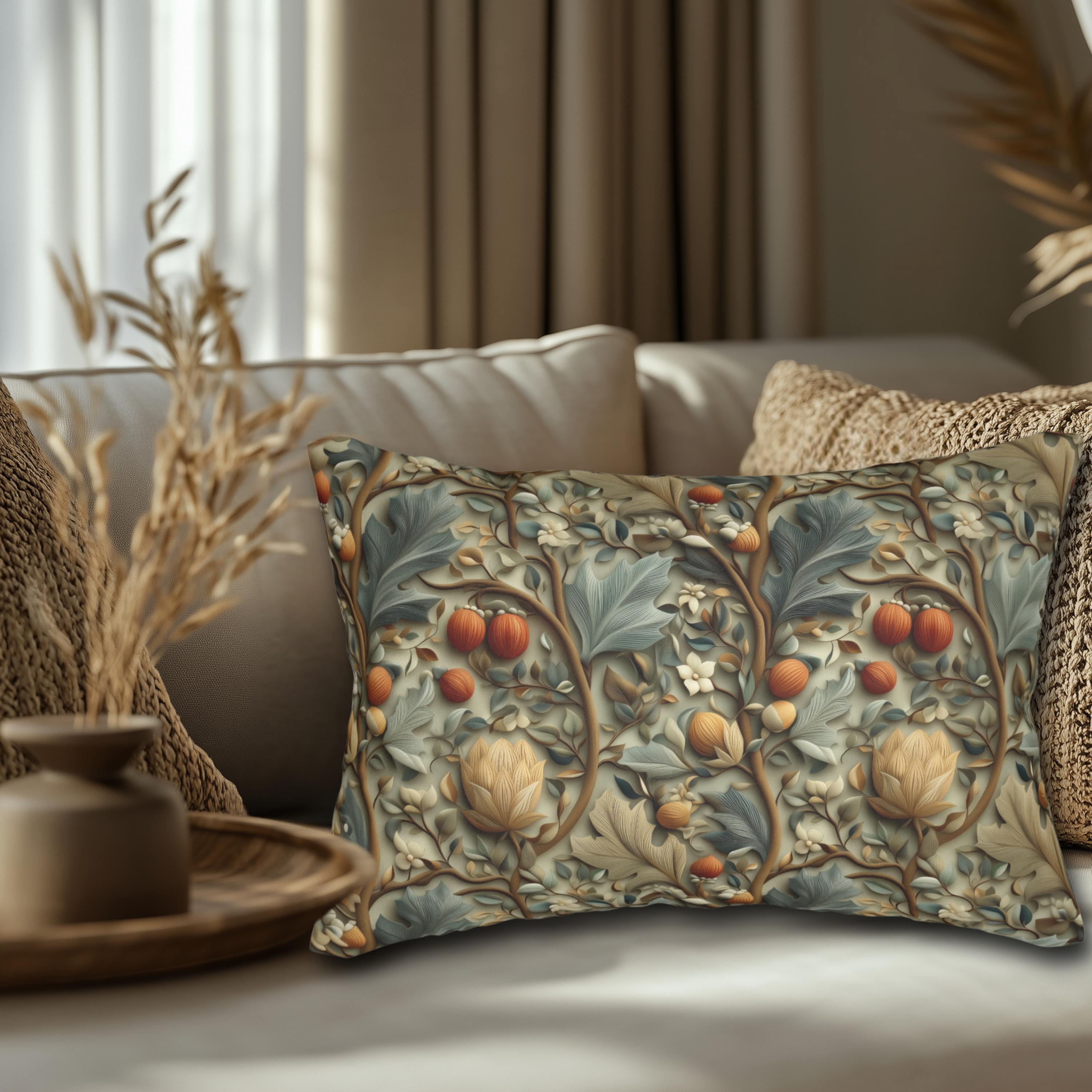 William Morris Autumn Vines Lumbar Pillow: Botanical Tapestry Design