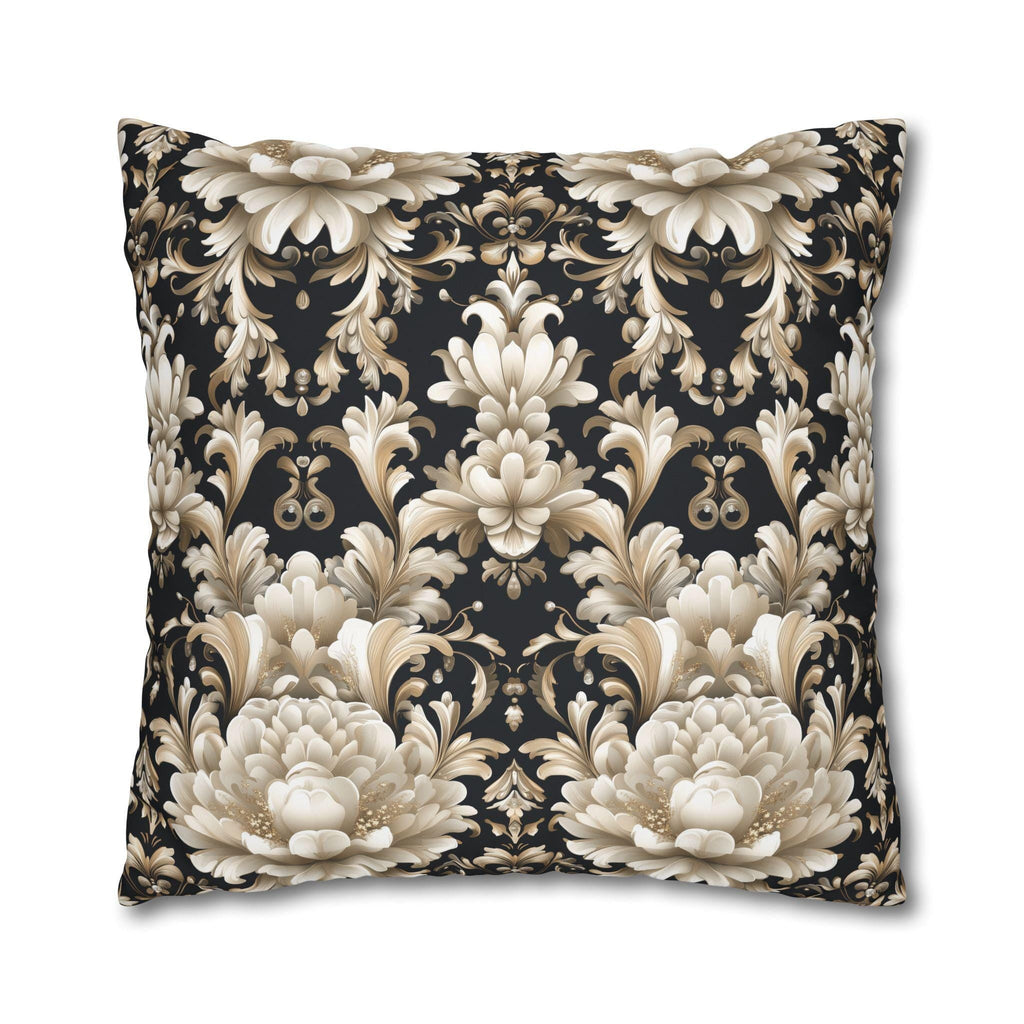 Floral Damask Pillow Cover, Ivory Champagne Gold on Black