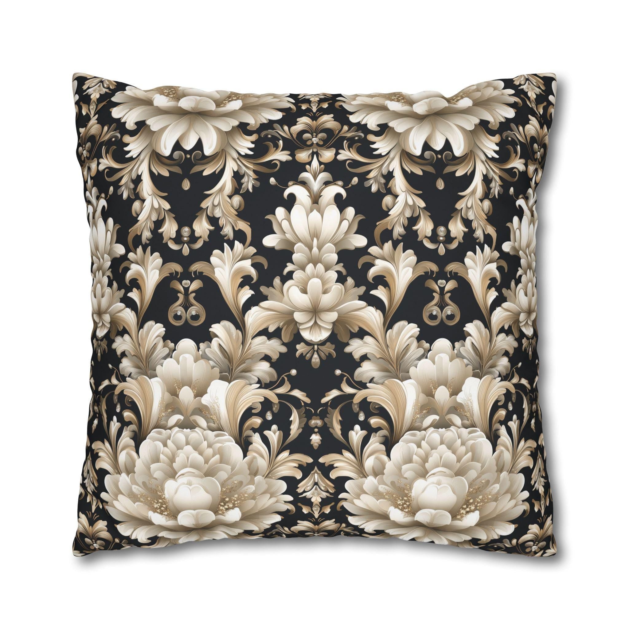 Floral Damask Pillow Cover, Ivory Champagne Gold on Black
