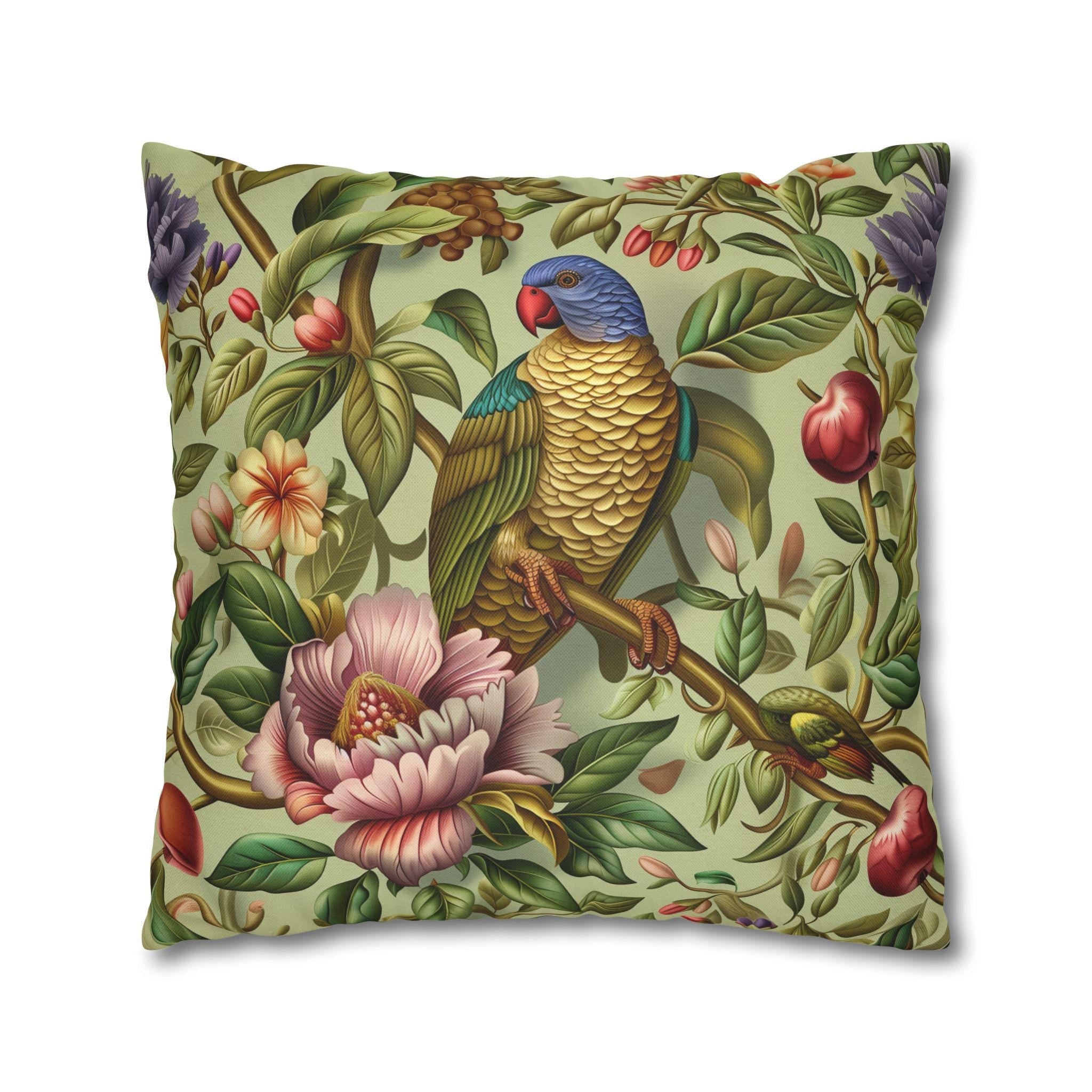 William Morris Inspired Tropical Parrot Pillowcase: Exotic Jungle Floral Cushion Cover for Home Decor