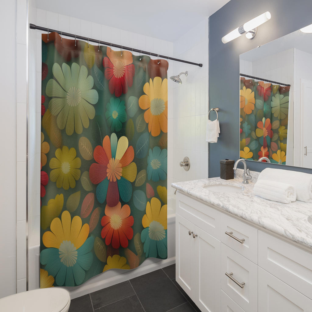 Retro Botanical Shower Curtain: Boho Floral Fabric in Teal, Mustard, and Terracotta