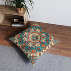 Turkish Kilim-Inspired Tufted Floor Cushion: Vibrant Teal & Coral Medallion Design for Bohemian Seating