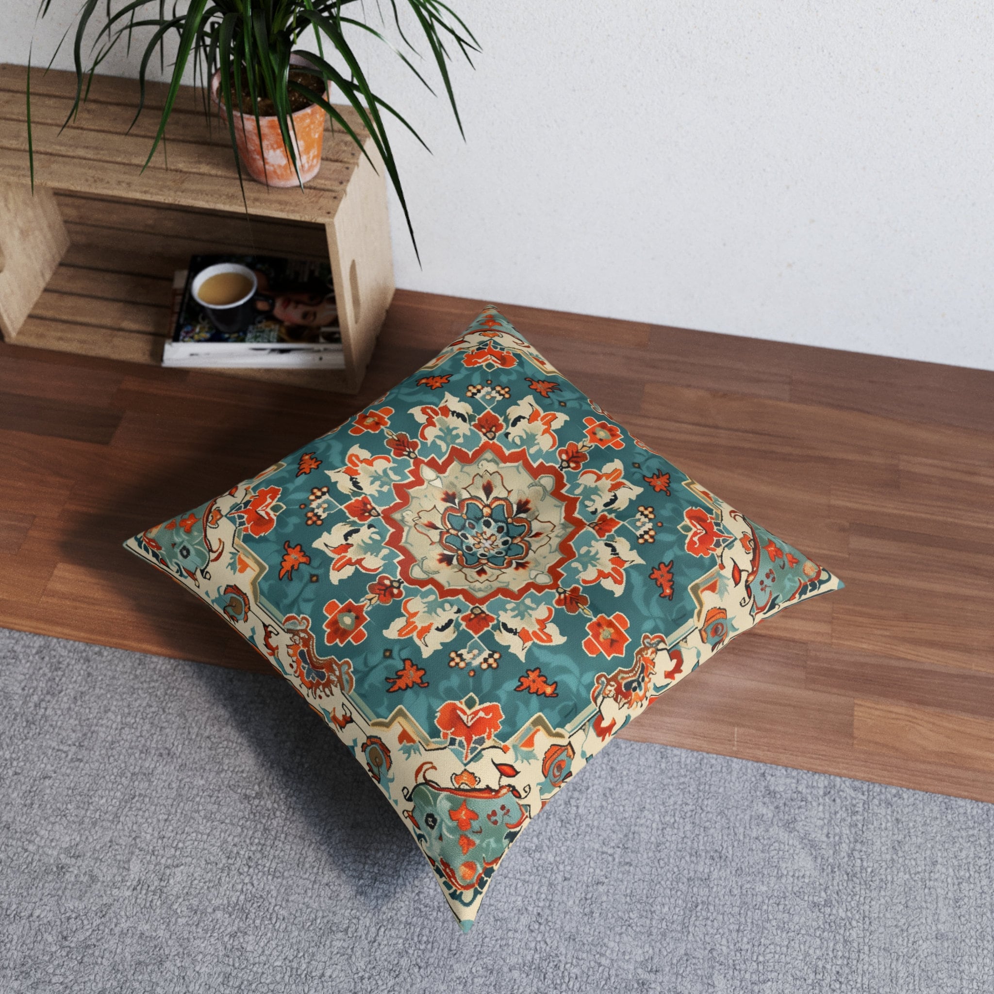 Turkish Kilim-Inspired Tufted Floor Cushion: Vibrant Teal & Coral Medallion Design for Bohemian Seating
