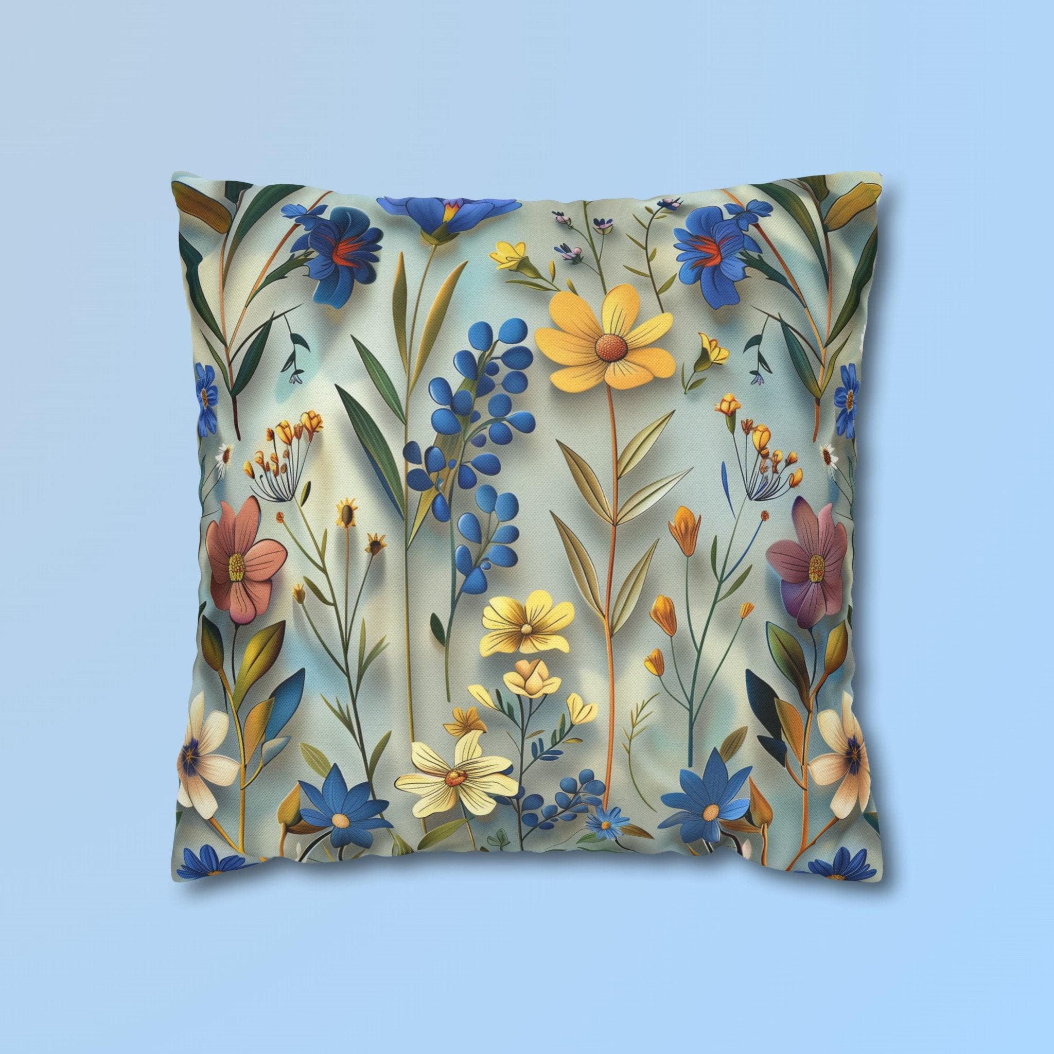 Floral Garden Pillow Cover: Rich Blue Yellow Pink Flowers