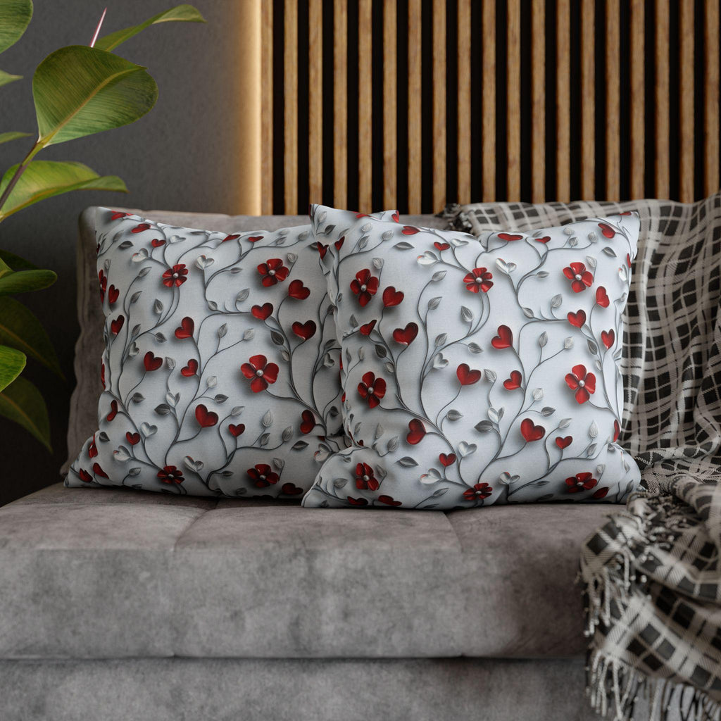 Red Floral Heart Pillow Cover: Romantic Silver Vine Design