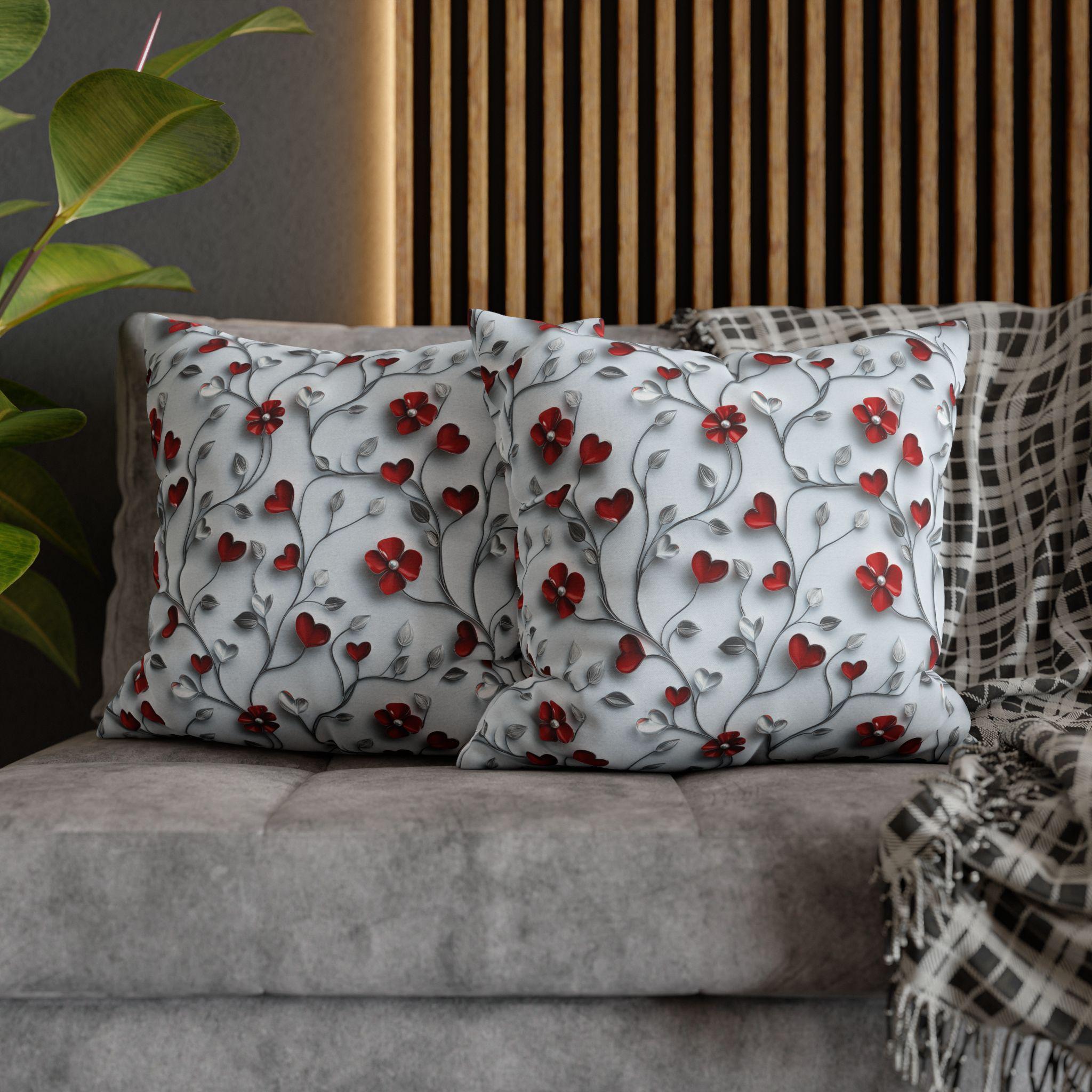 Red Floral Heart Pillow Cover: Romantic Silver Vine Design