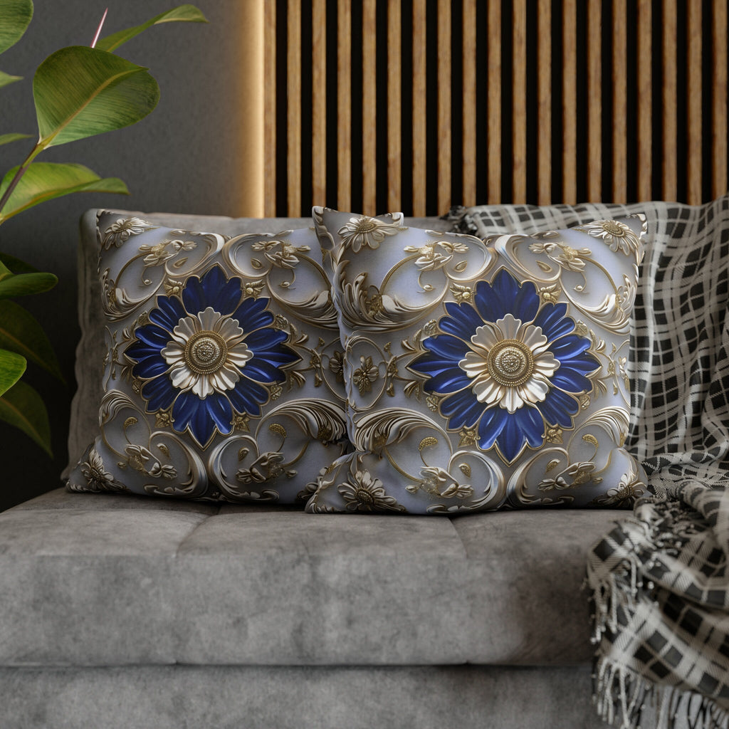 Baroque Floral Throw Pillow Cover: Cobalt Blue, Silver-Gray & Gold Accents, Elegant Cushion Case