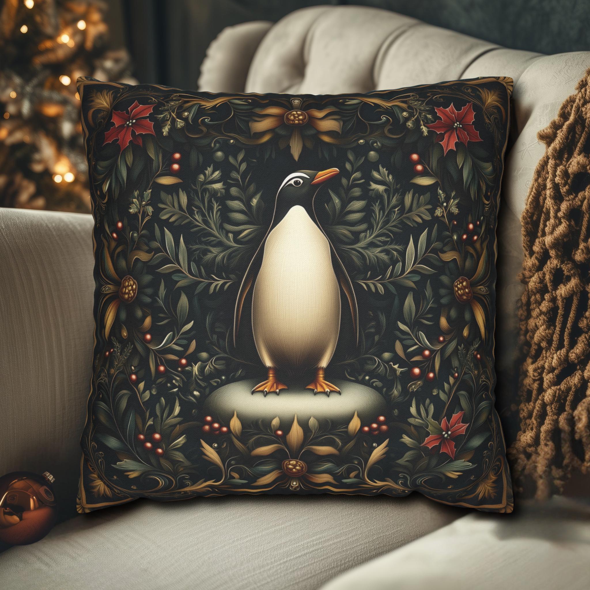Christmas Penguin Pillow Cover: William Morris Inspired Holiday Cushion Case