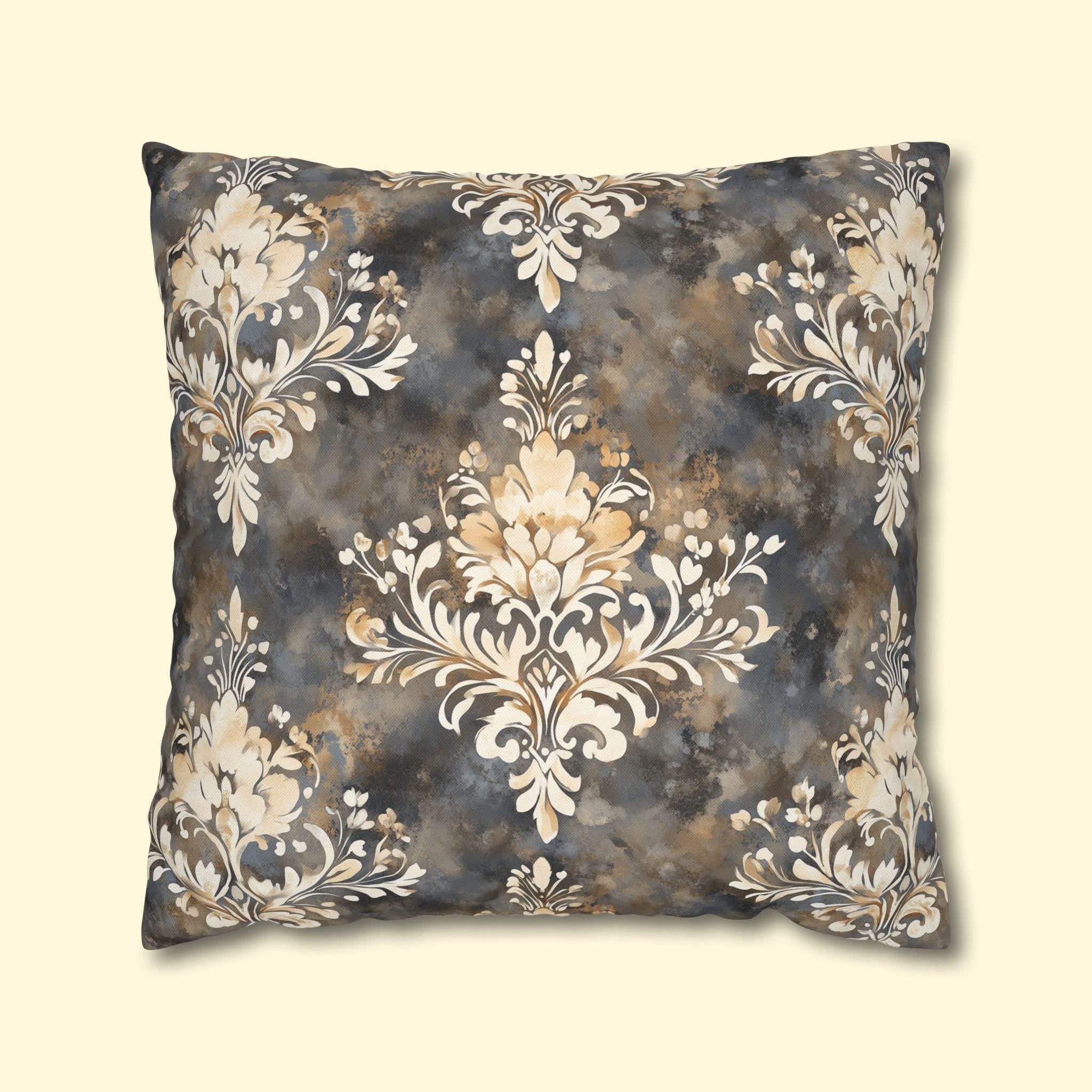 Vintage-Inspired Damask Pillowcase: Elegant Cream & Gray Square Cushion Cover for Home Decor