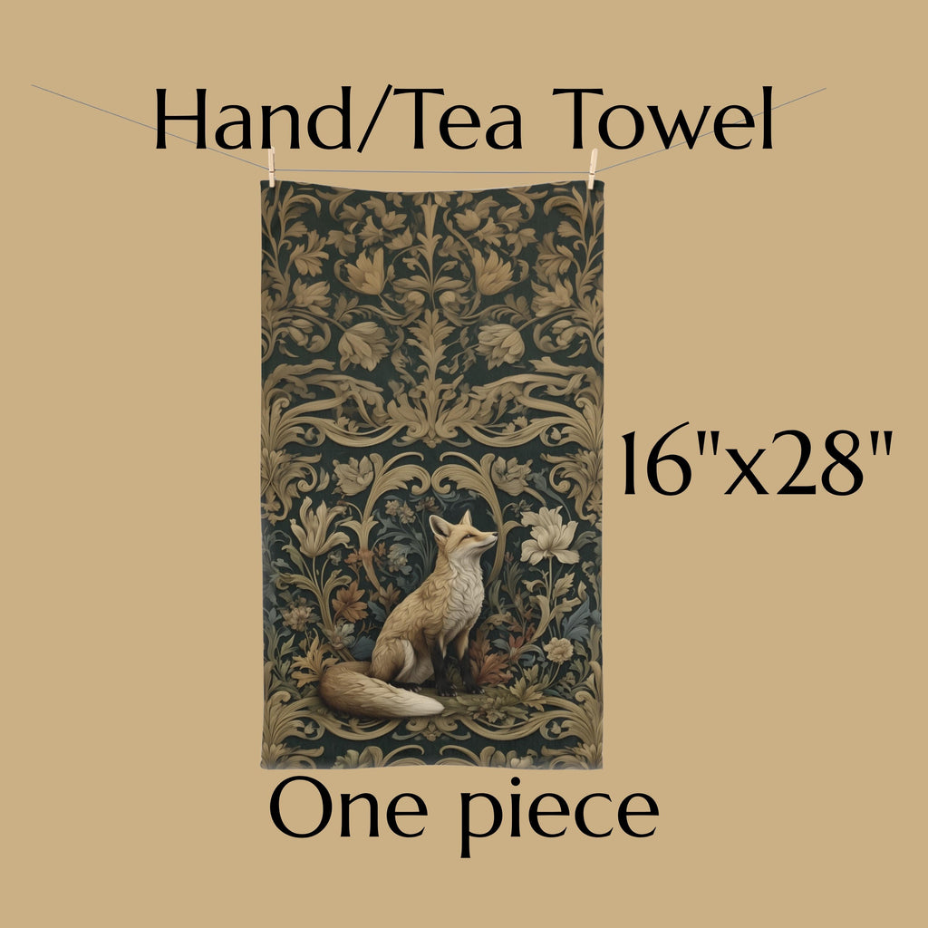 William Morris Fox Hand Towel: Dark Woodland Botanical Arts & Crafts Decor