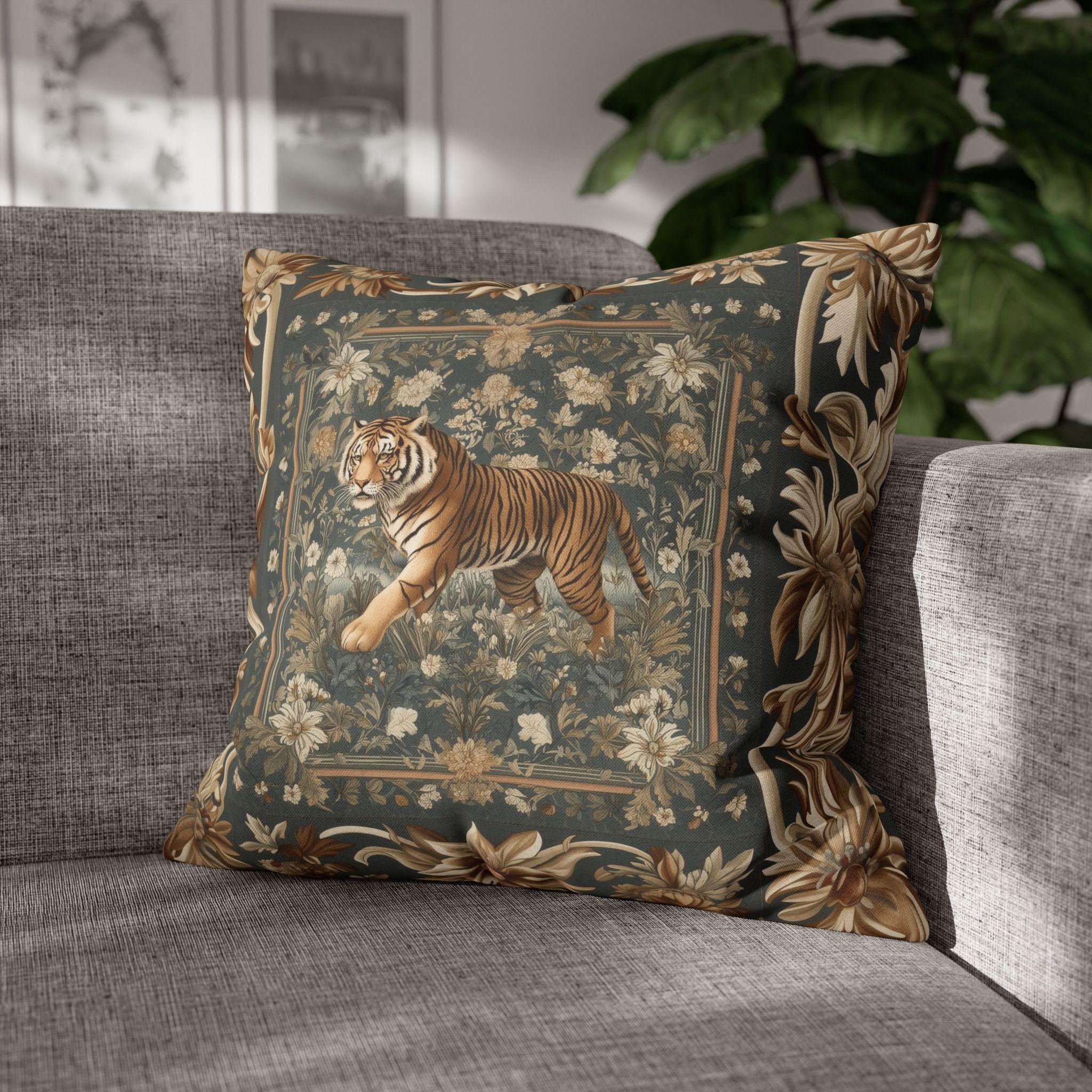 Tibetan Tiger Botanical Tapestry Pillow Cover: William Morris Inspired Garden Art