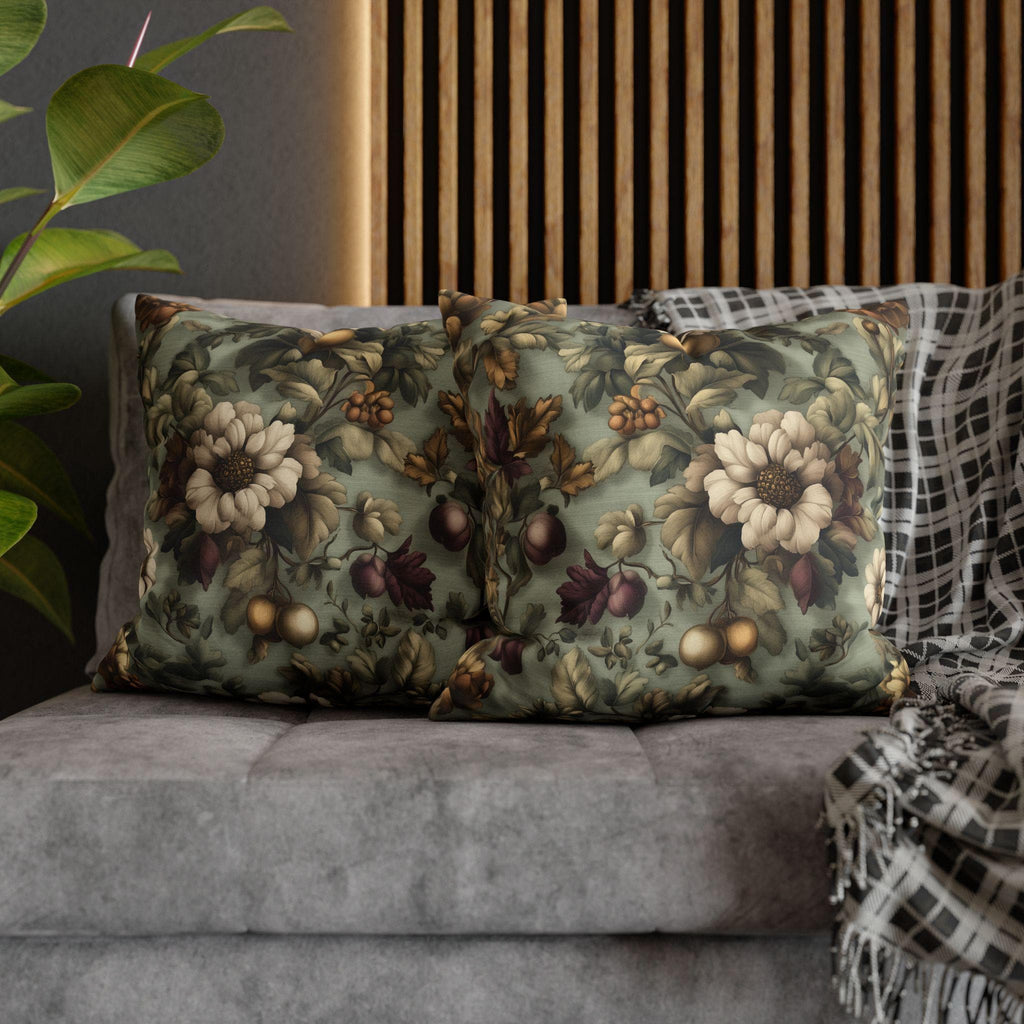 William Morris Inspired Autumn Garden Pillow Cover: Seafoam, Taupe, Merlot Floral Elegance