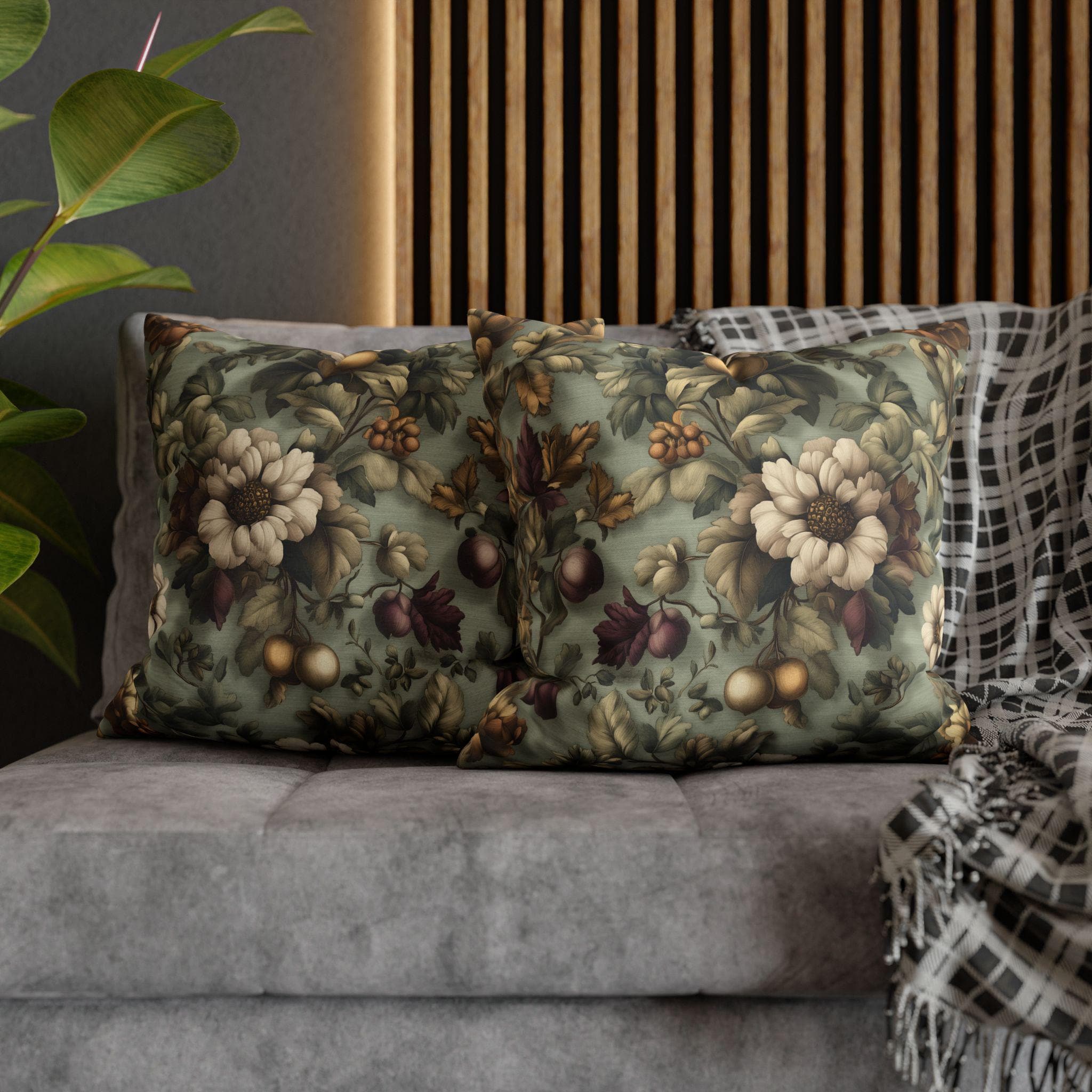 William Morris Inspired Autumn Garden Pillow Cover: Seafoam, Taupe, Merlot Floral Elegance